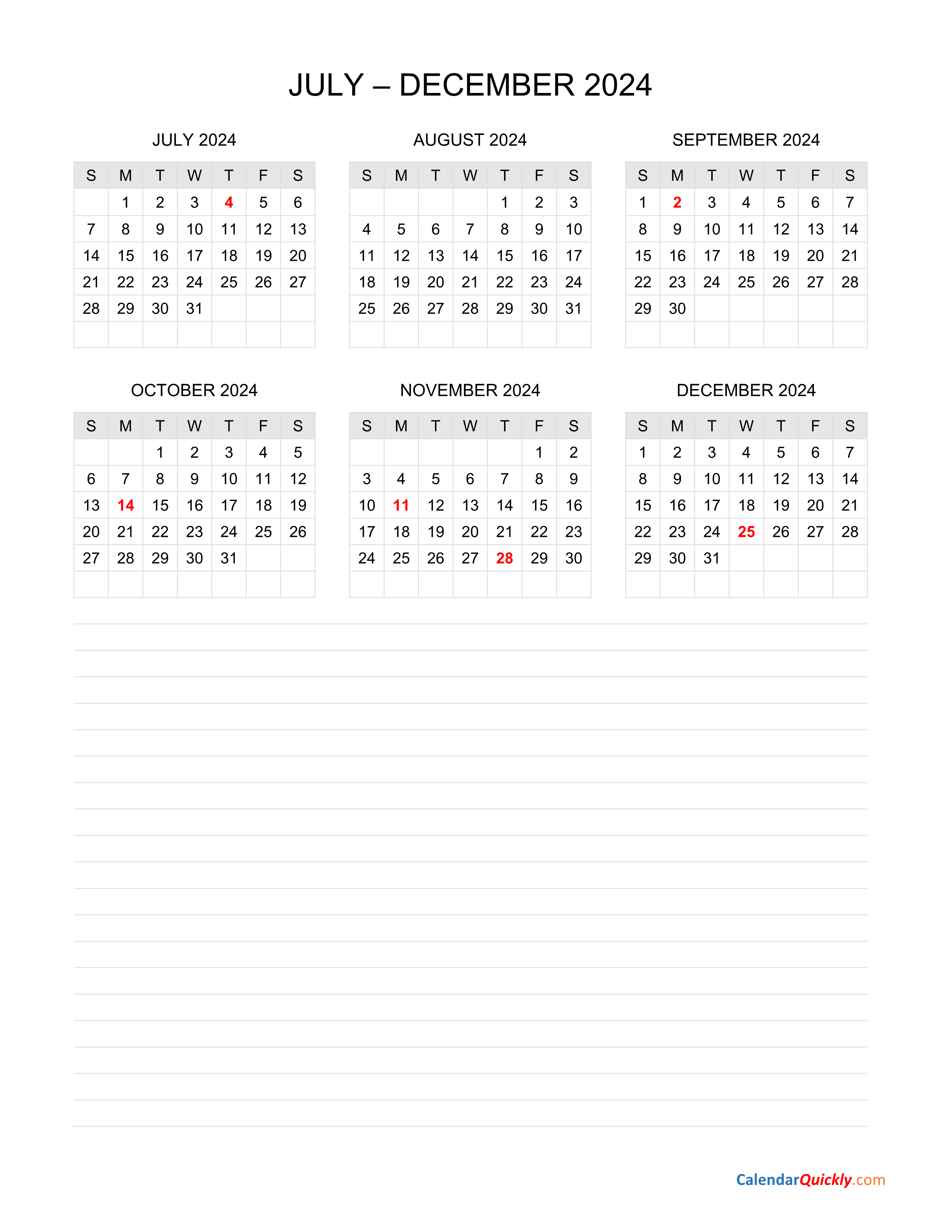 July to December 2024 Calendar with Notes | Calendar Quickly