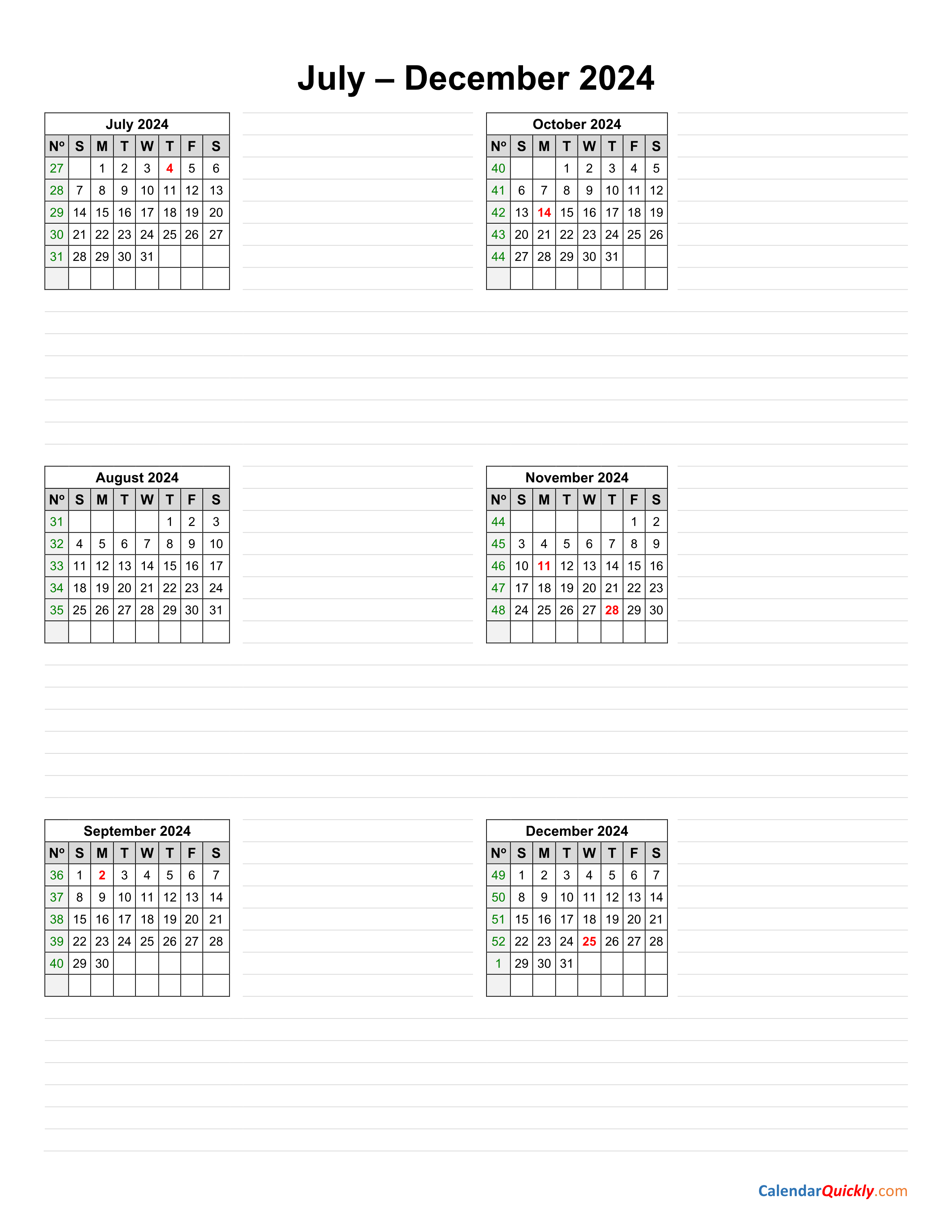 July to December 2024 Calendar Vertical Calendar Quickly