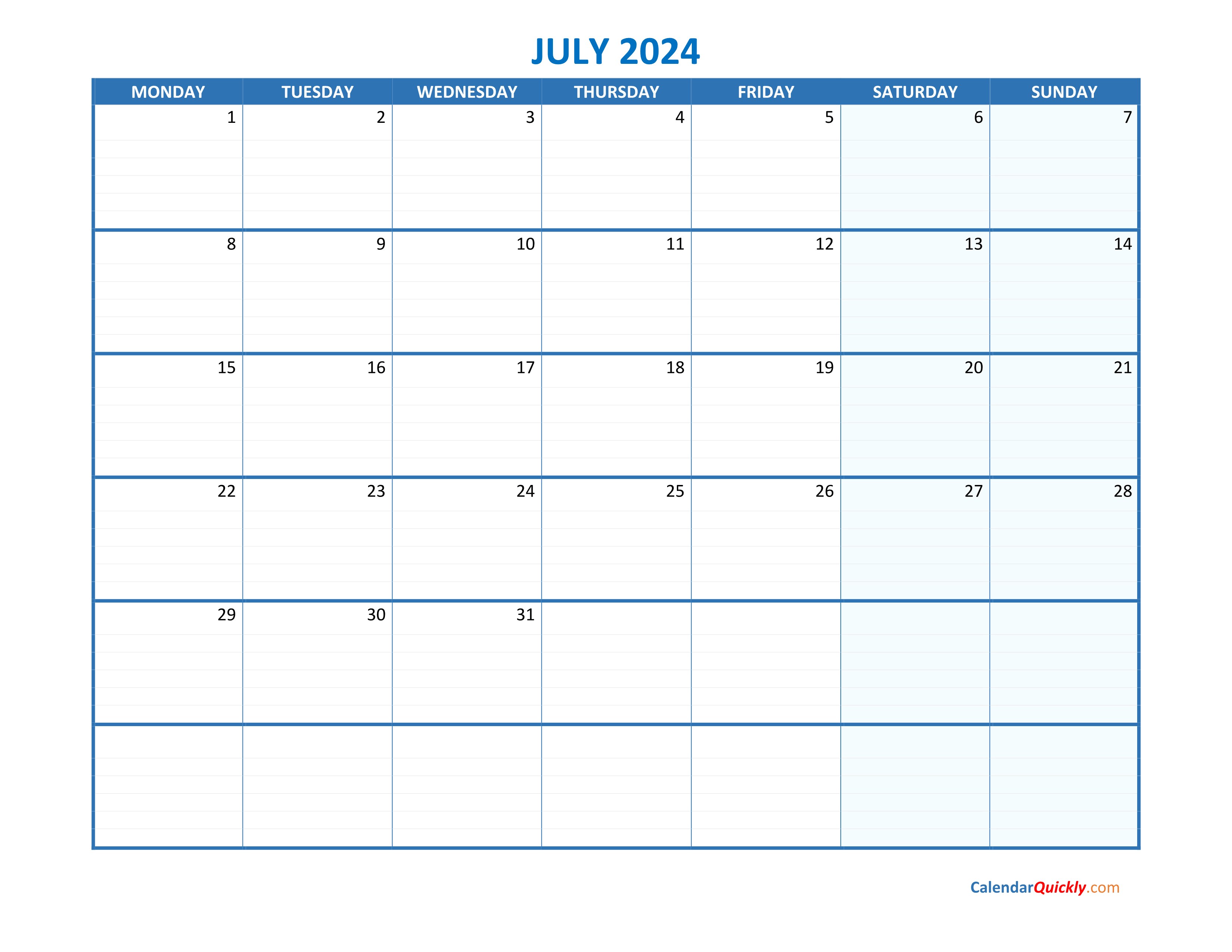 July Monday 2024 Blank Calendar | Calendar Quickly