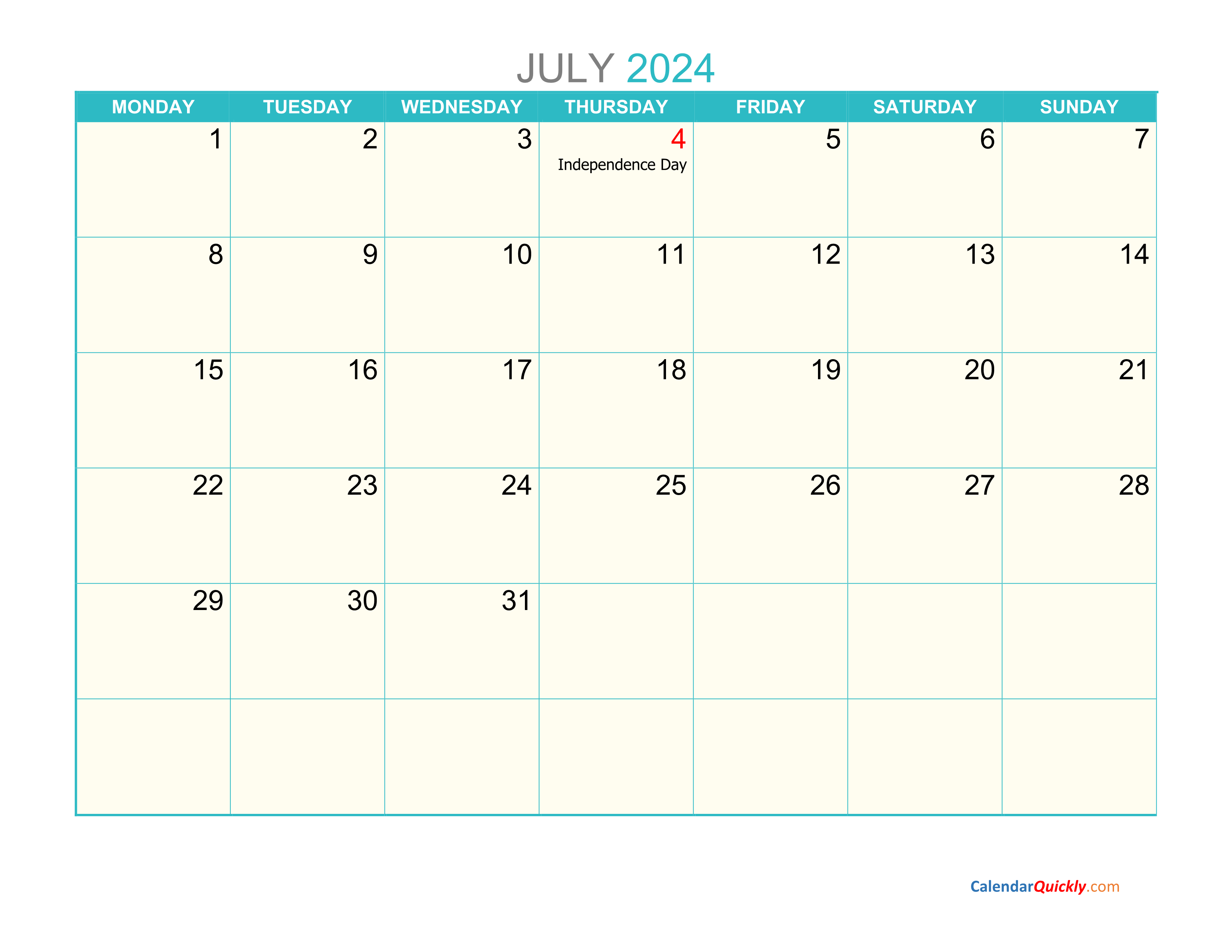 July Monday 2024 Calendar Printable Calendar Quickly