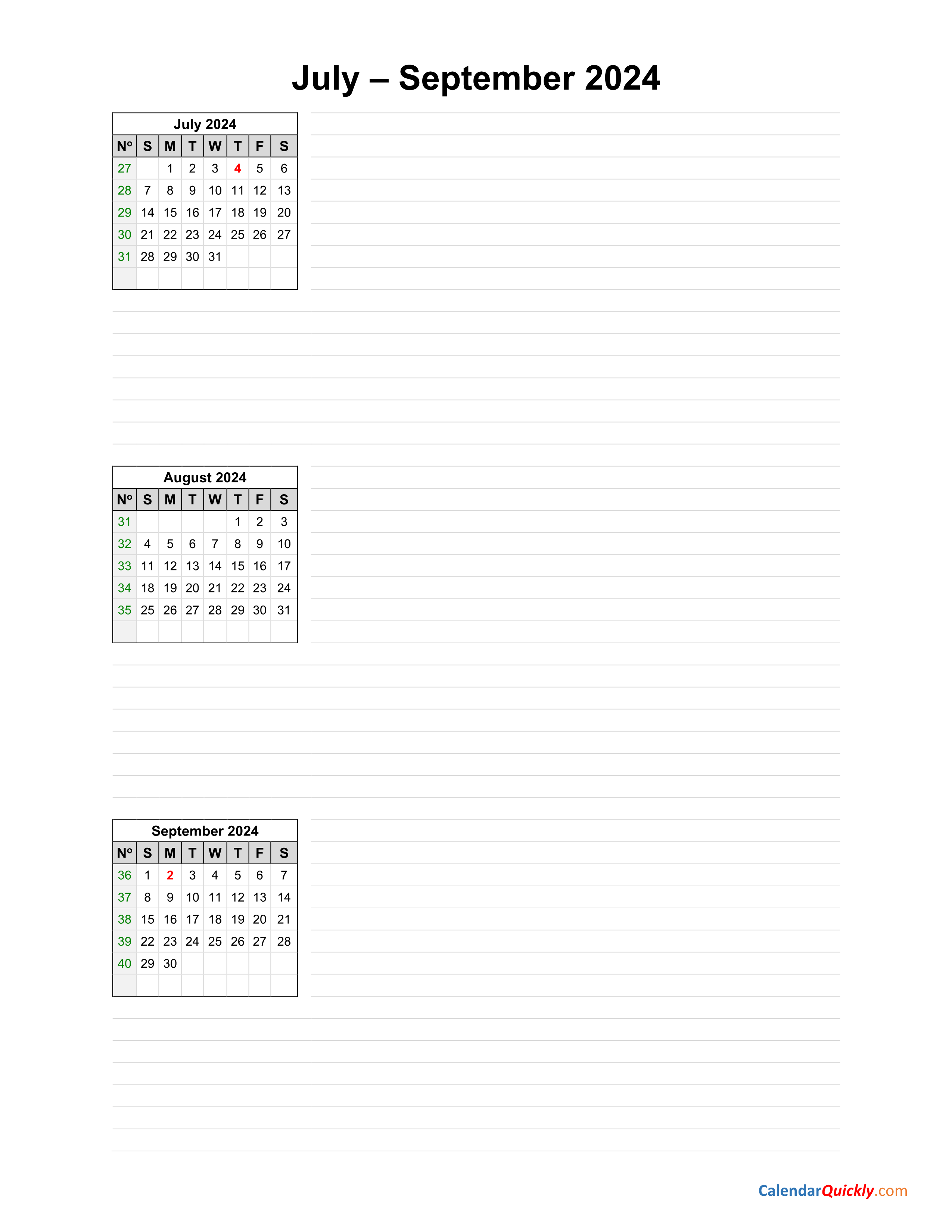 July to September 2024 Calendar Calendar Quickly