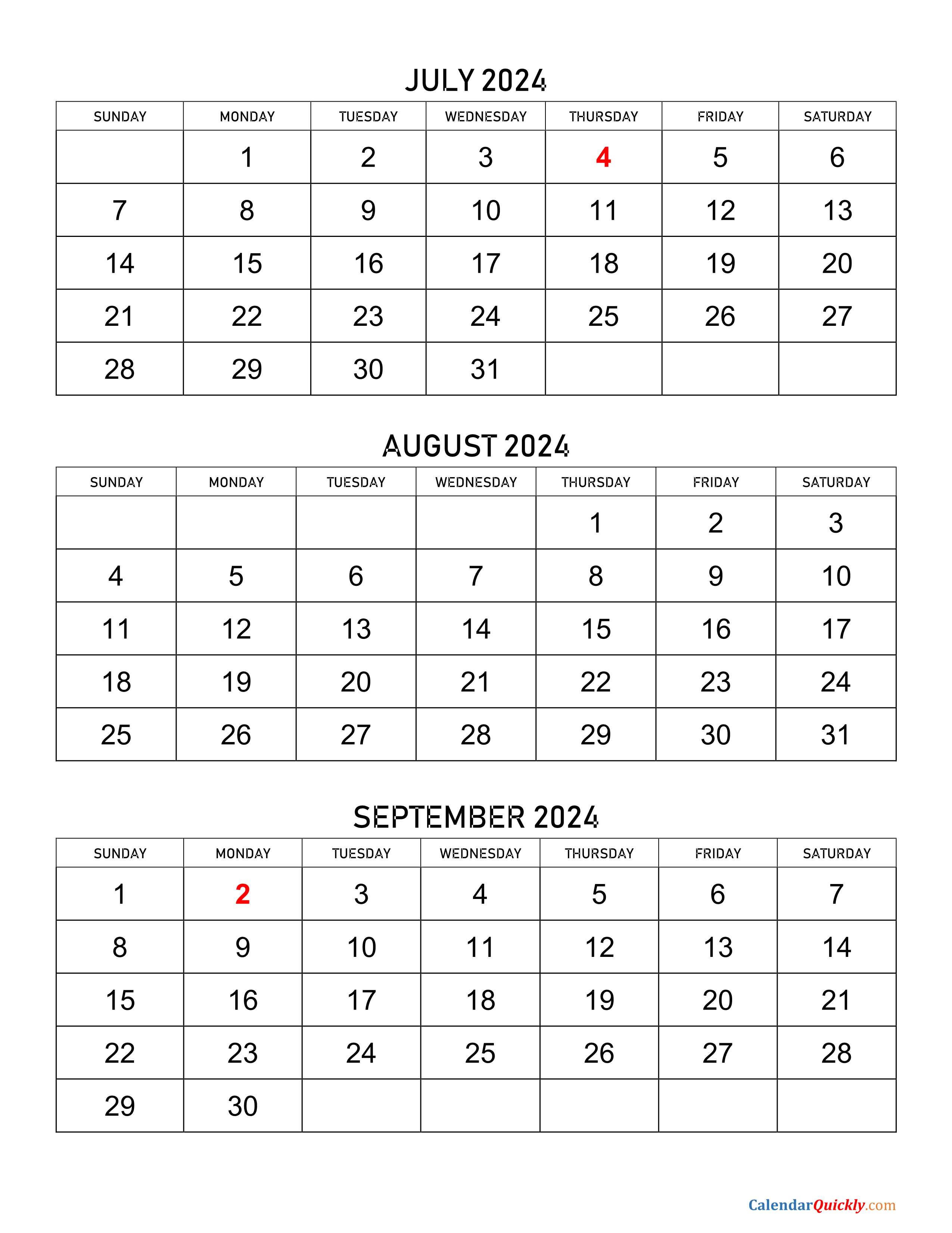 July to September 2024 Calendar Calendar Quickly