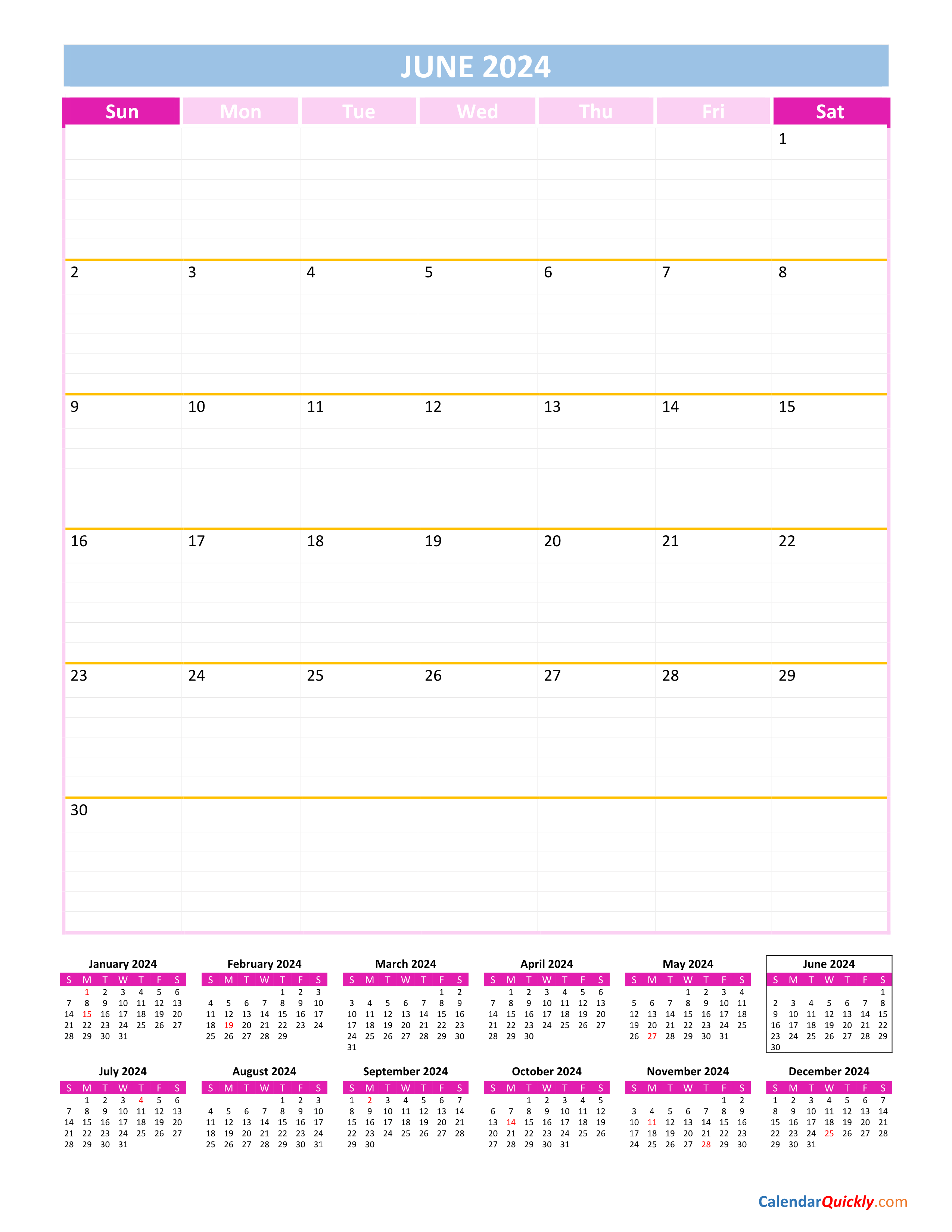 June Calendar 2024 Vertical Calendar Quickly