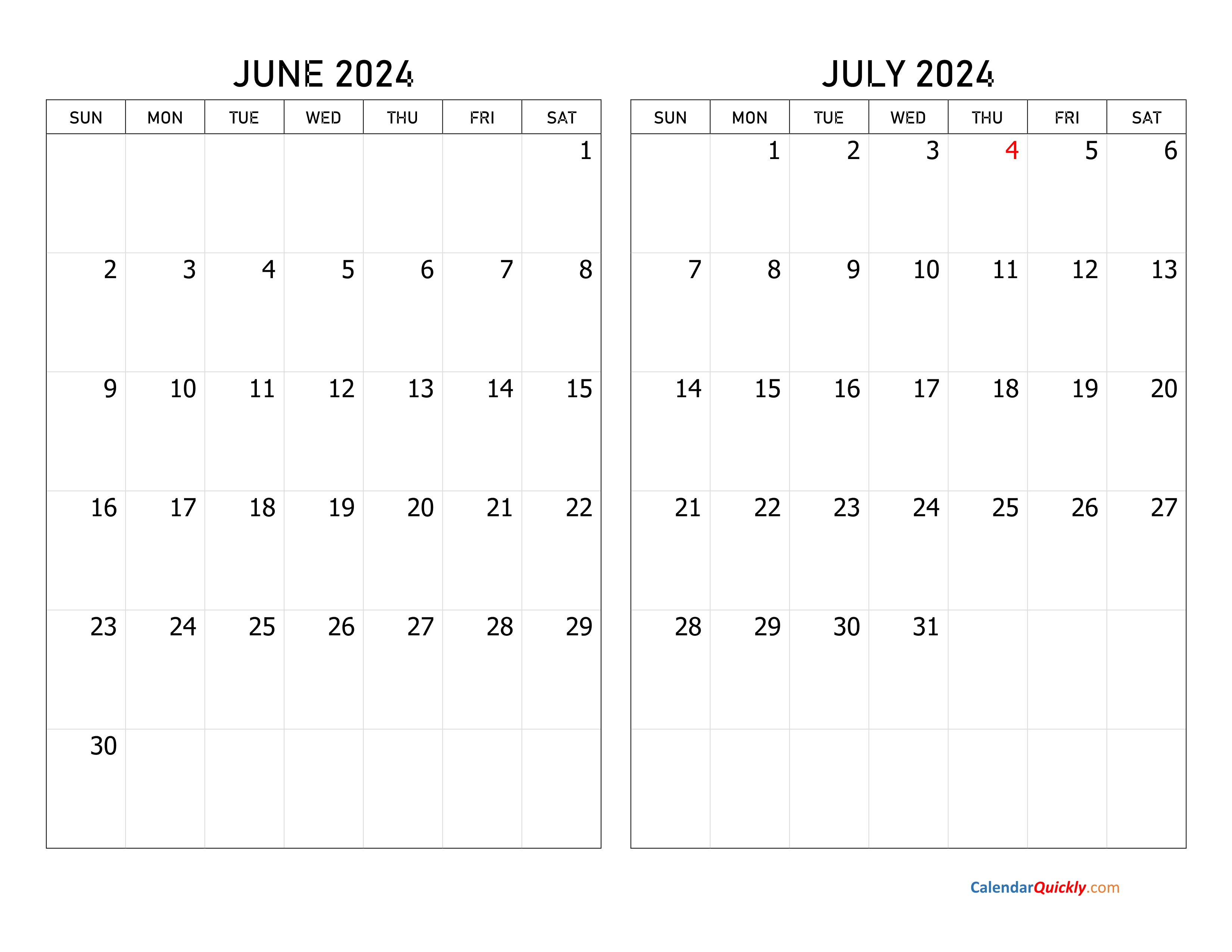 June and July 2024 Calendar  Calendar Quickly