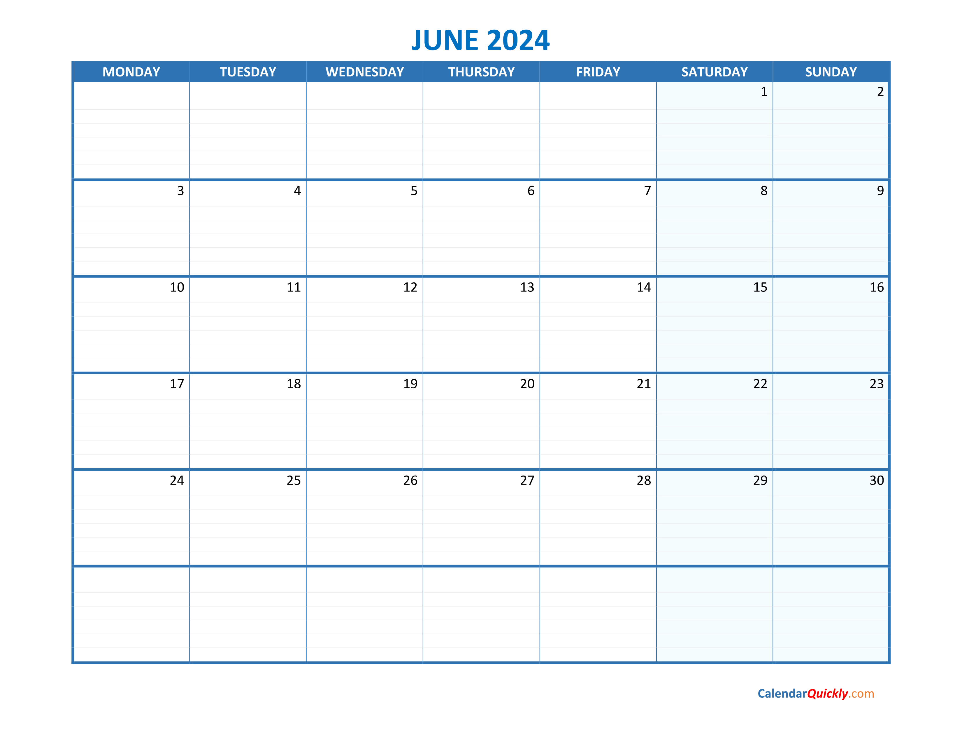June Monday 2024 Blank Calendar Calendar Quickly