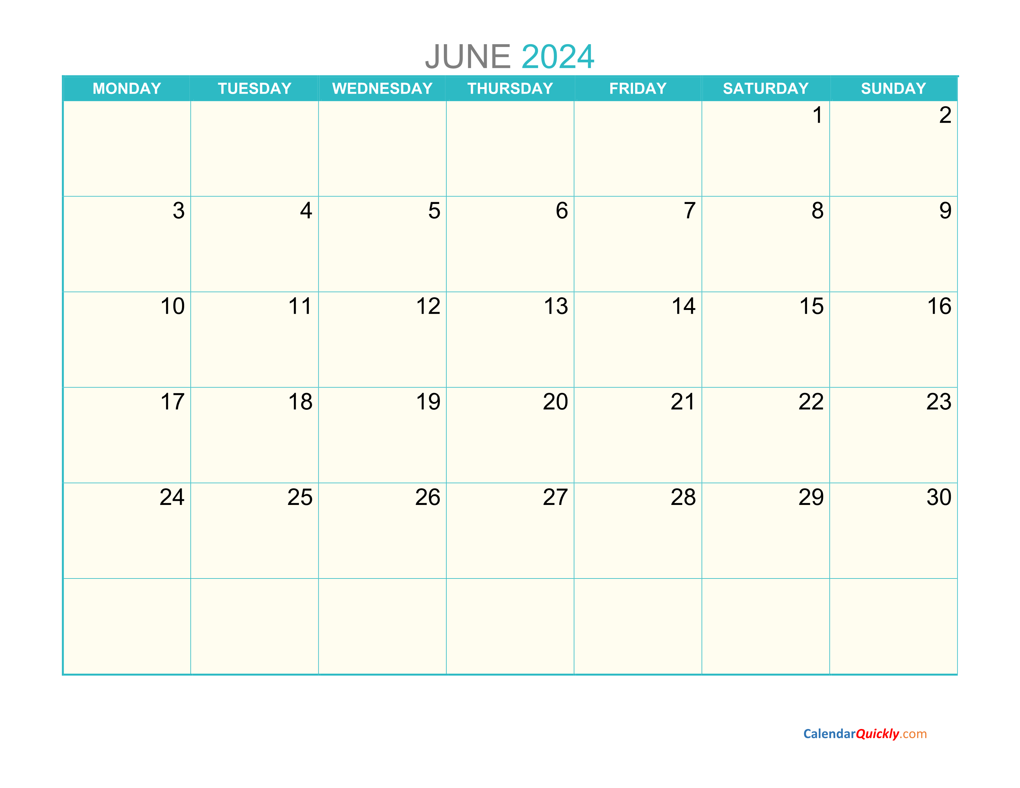 June Monday 2024 Calendar Printable Calendar Quickly