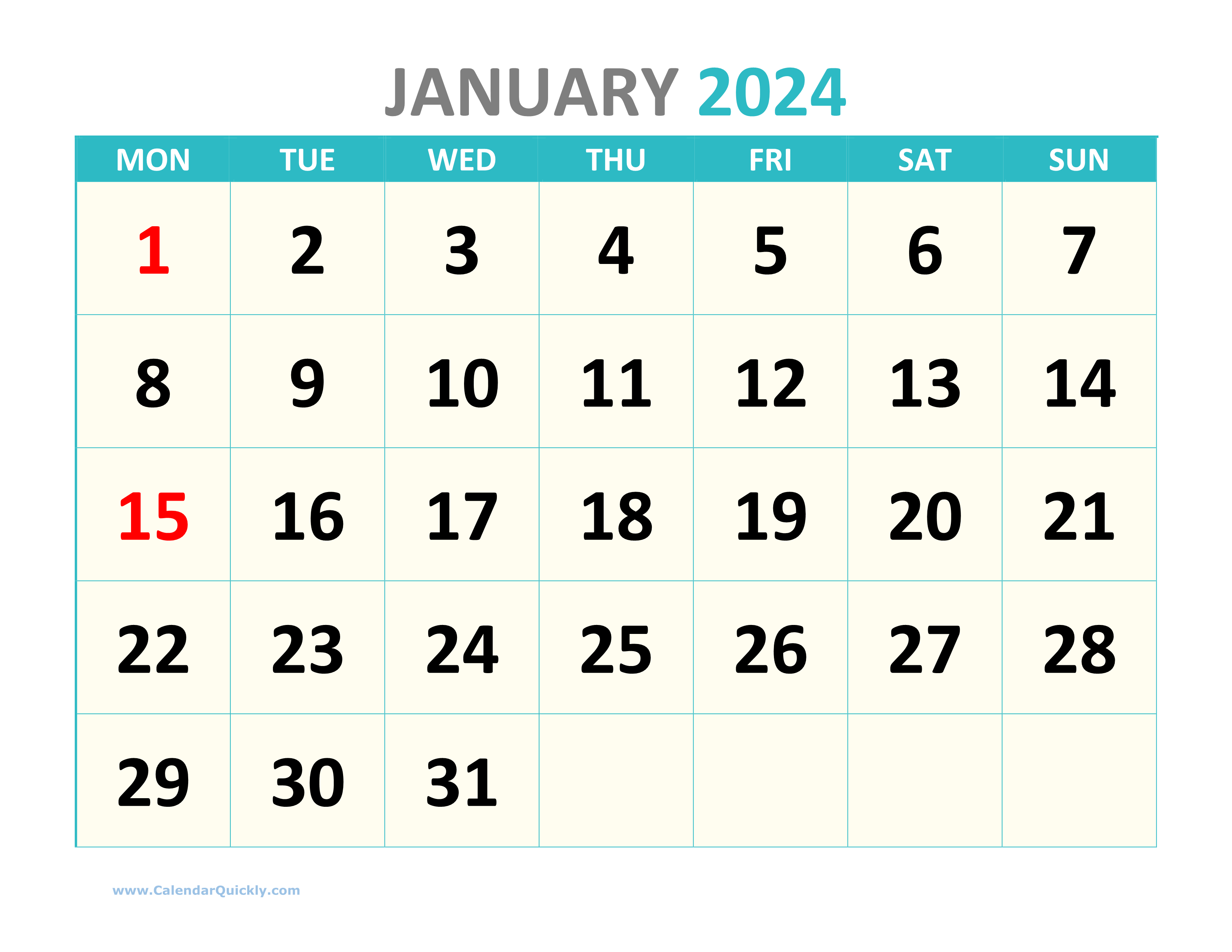 Large Monday Printable 2024 Calendar | Calendar Quickly