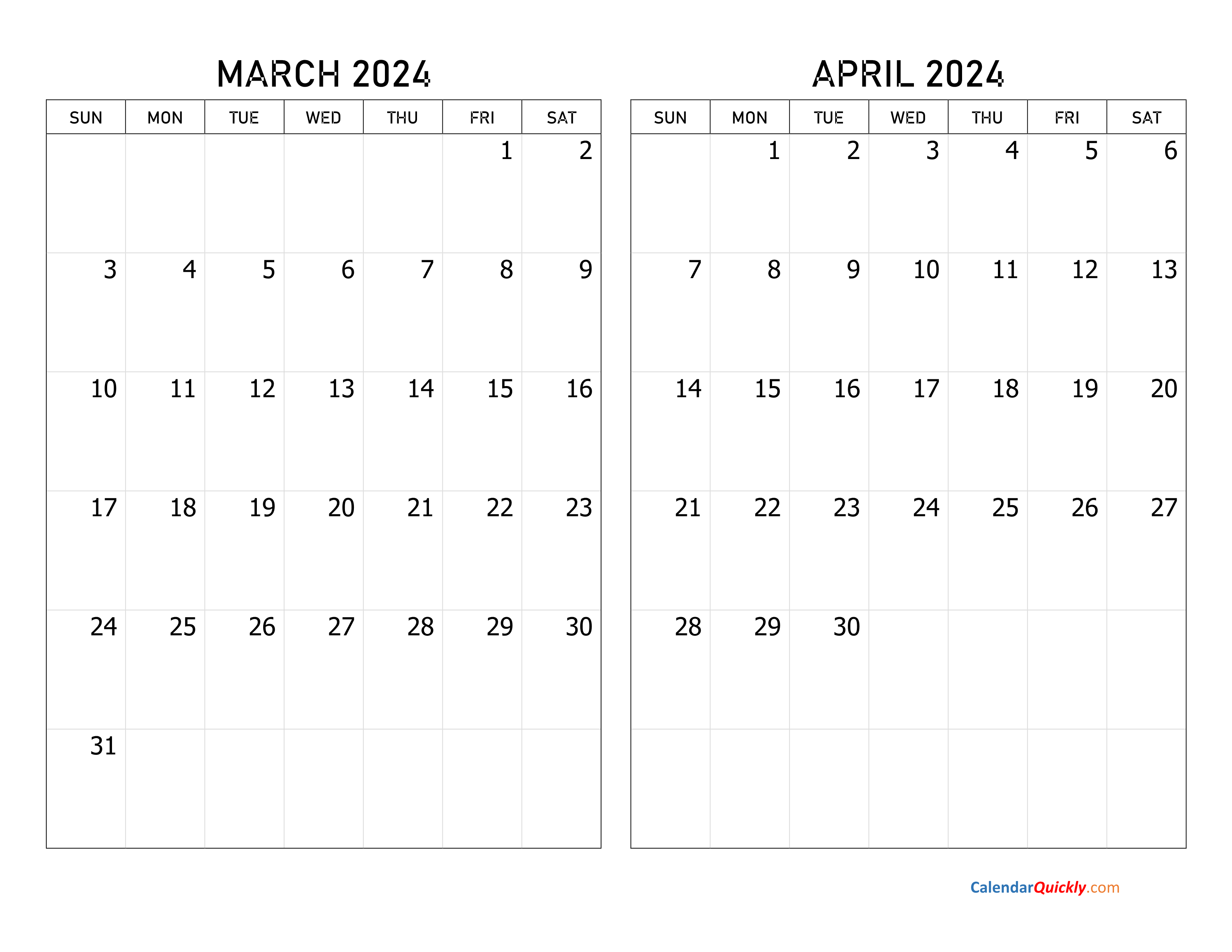 March and April 2024 Calendar | Calendar Quickly