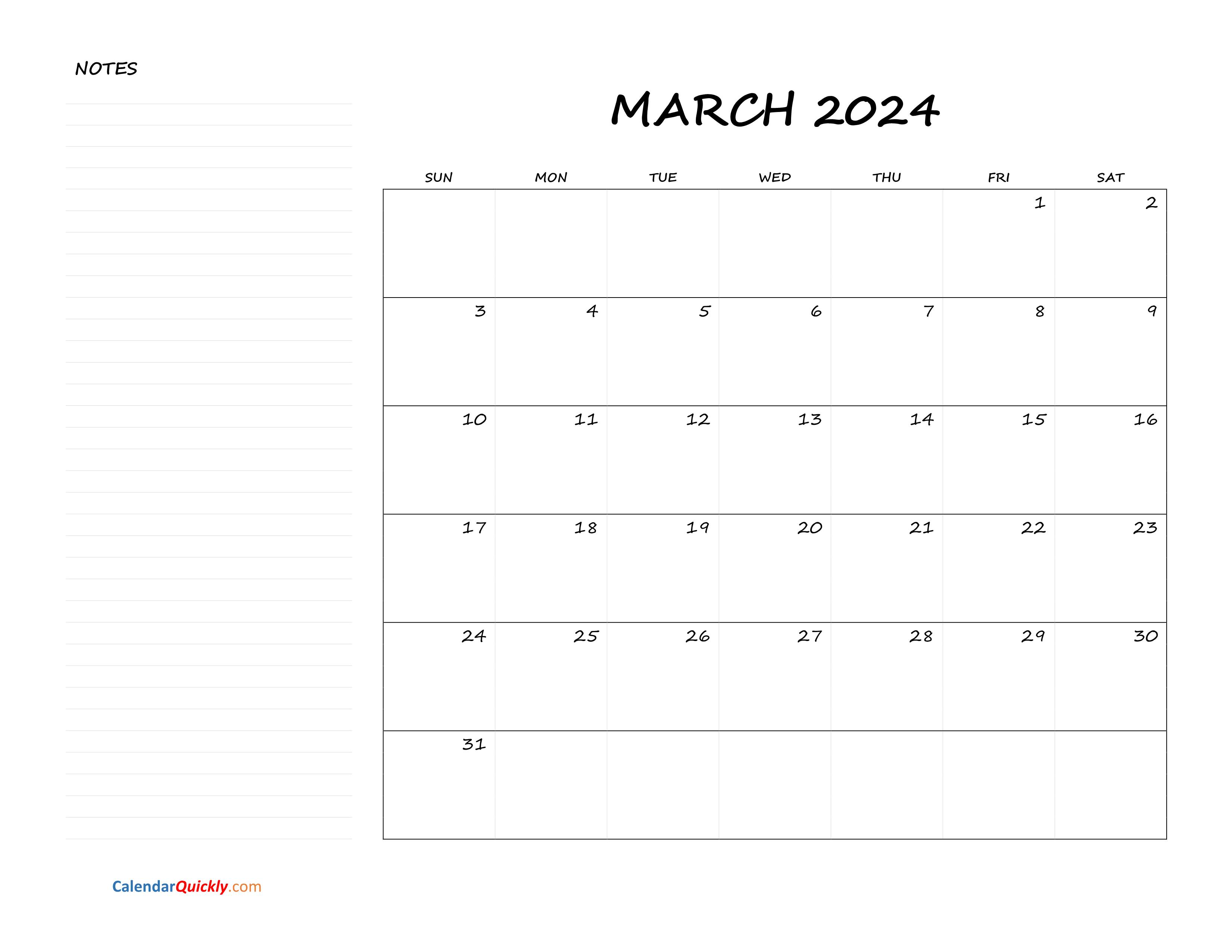 March Blank Calendar 2024 with Notes Calendar Quickly