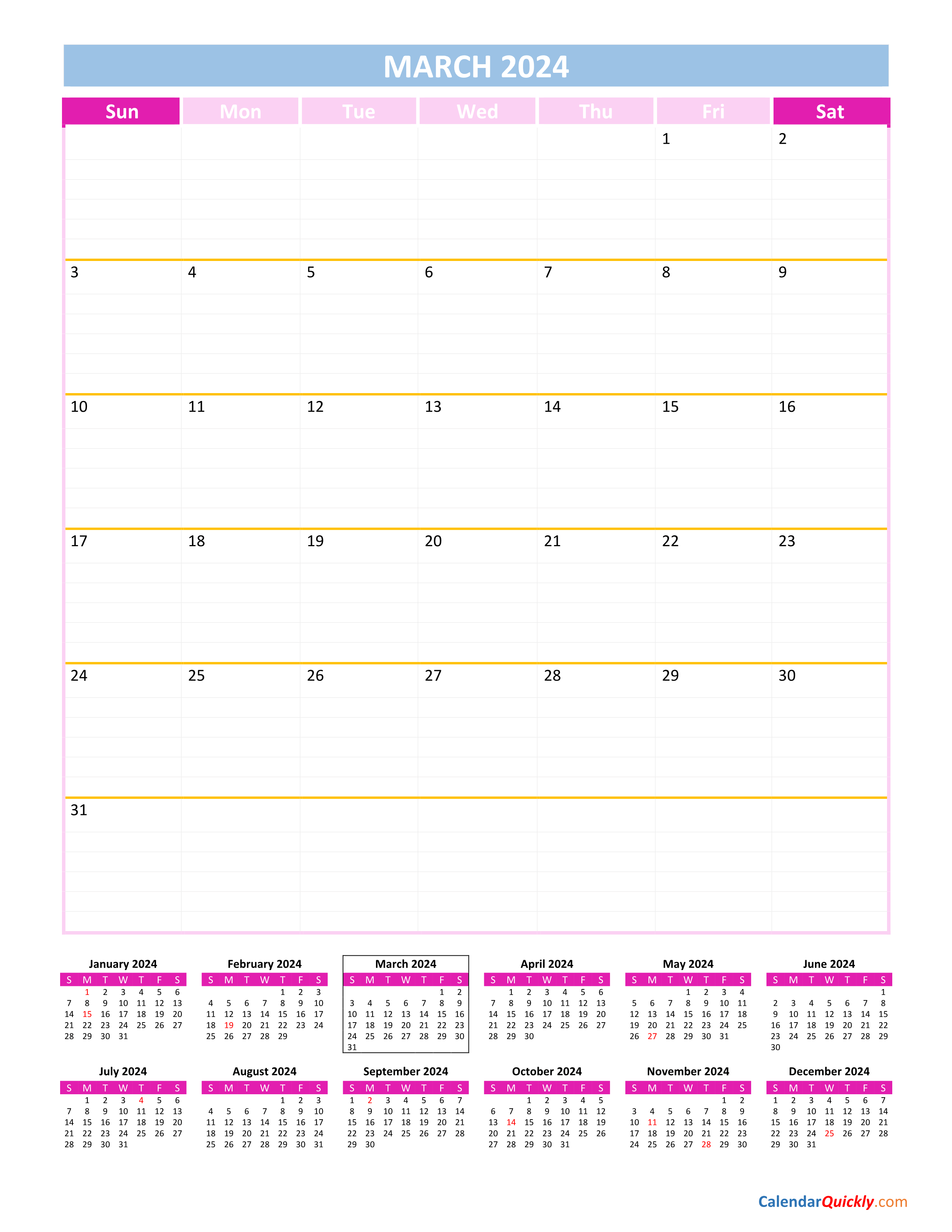 Calendar 2024 March Printable Calendar 2024 All Holidays