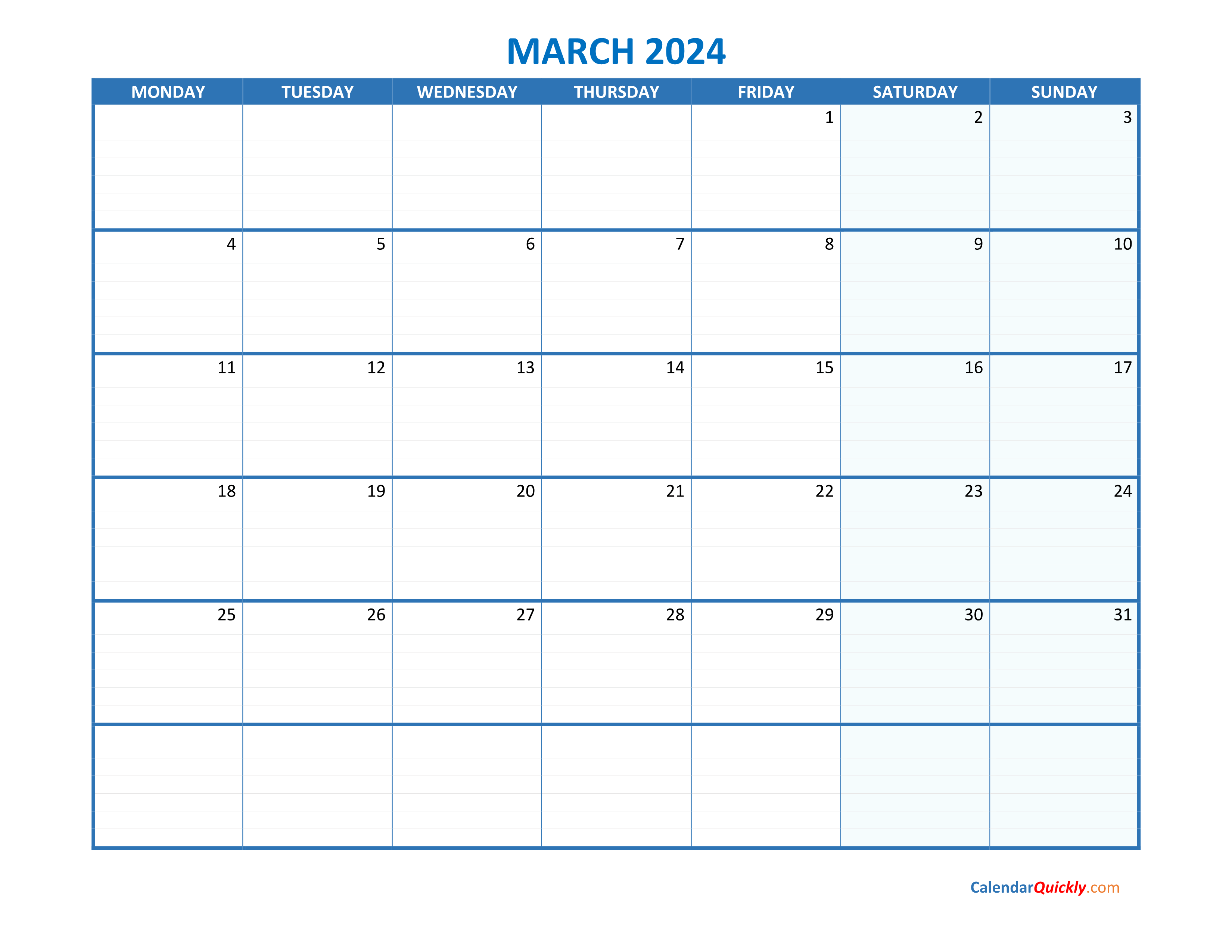 March Monday 2024 Blank Calendar Calendar Quickly