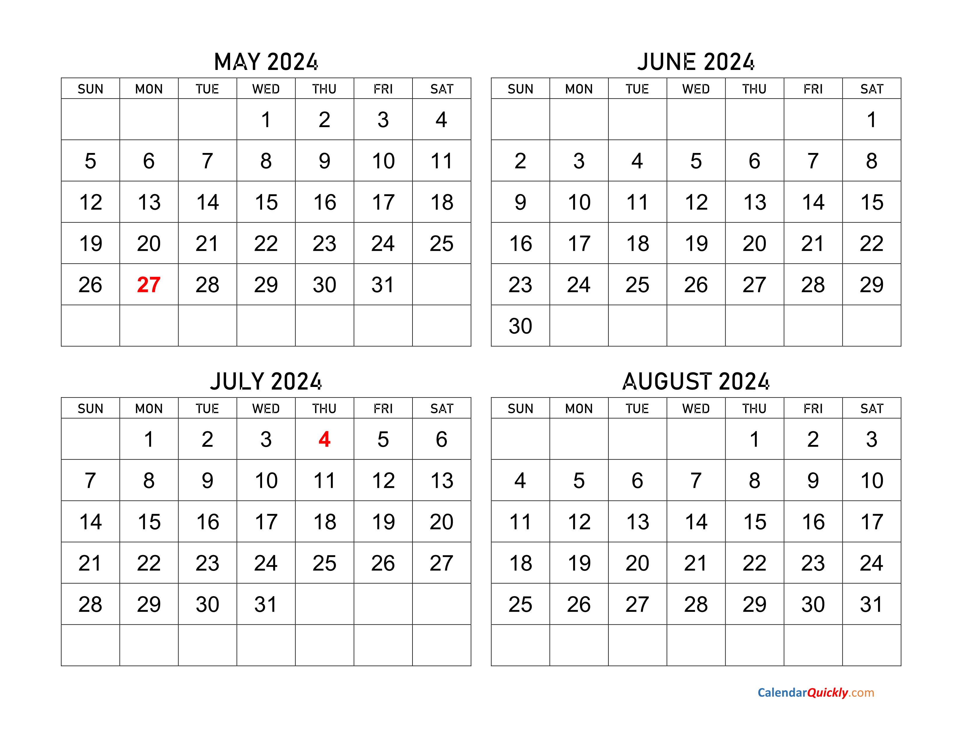 Printable Calendar 2024 May June July August Florri Kaleena