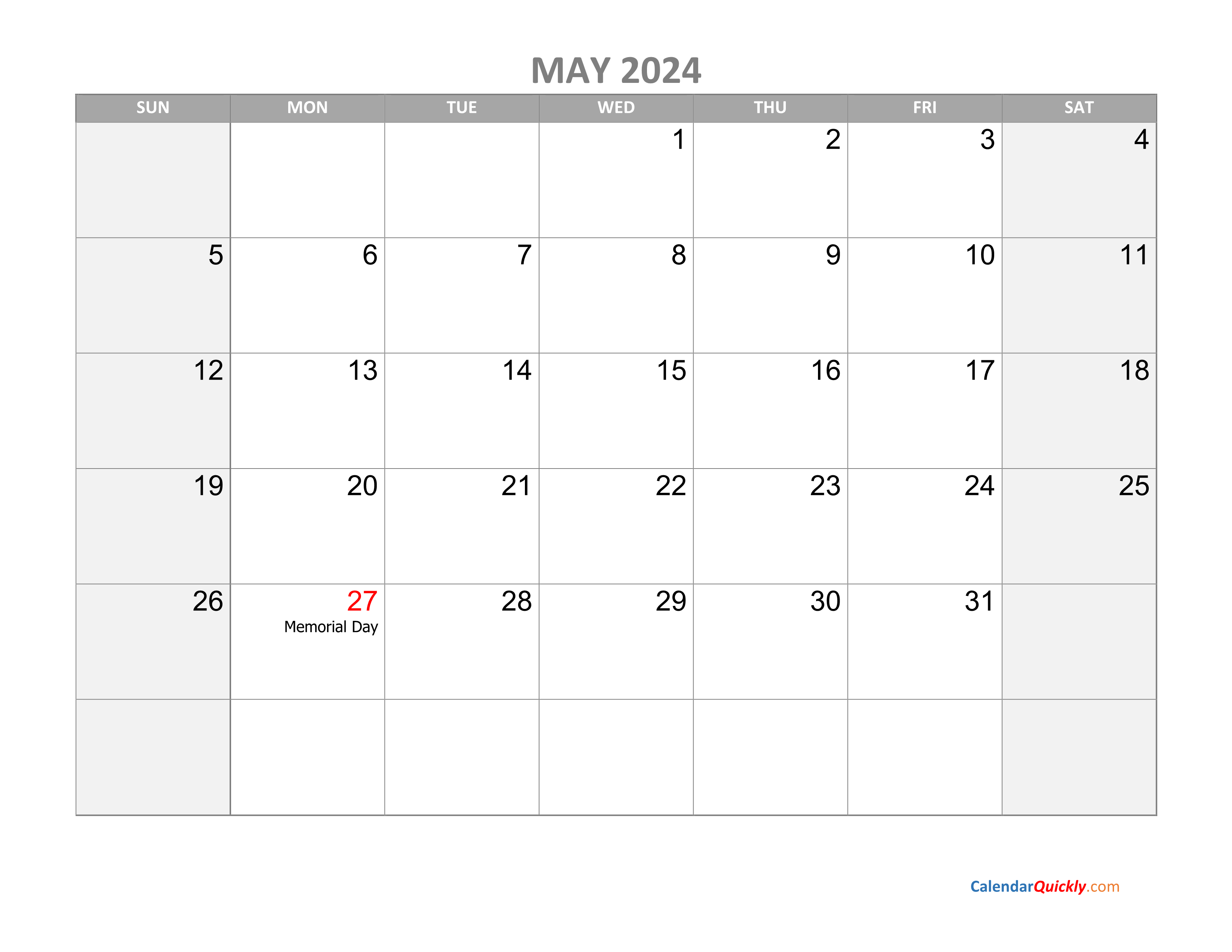 May Calendar 2024 with Holidays Calendar Quickly