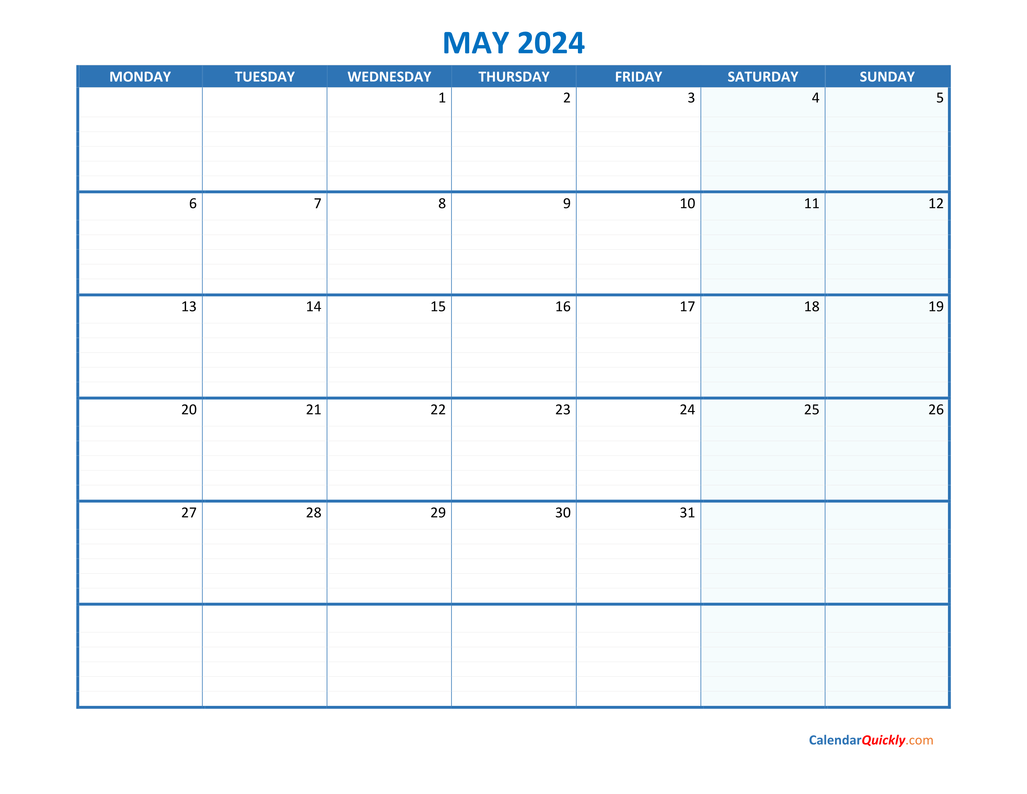 May Monday 2024 Blank Calendar  Calendar Quickly