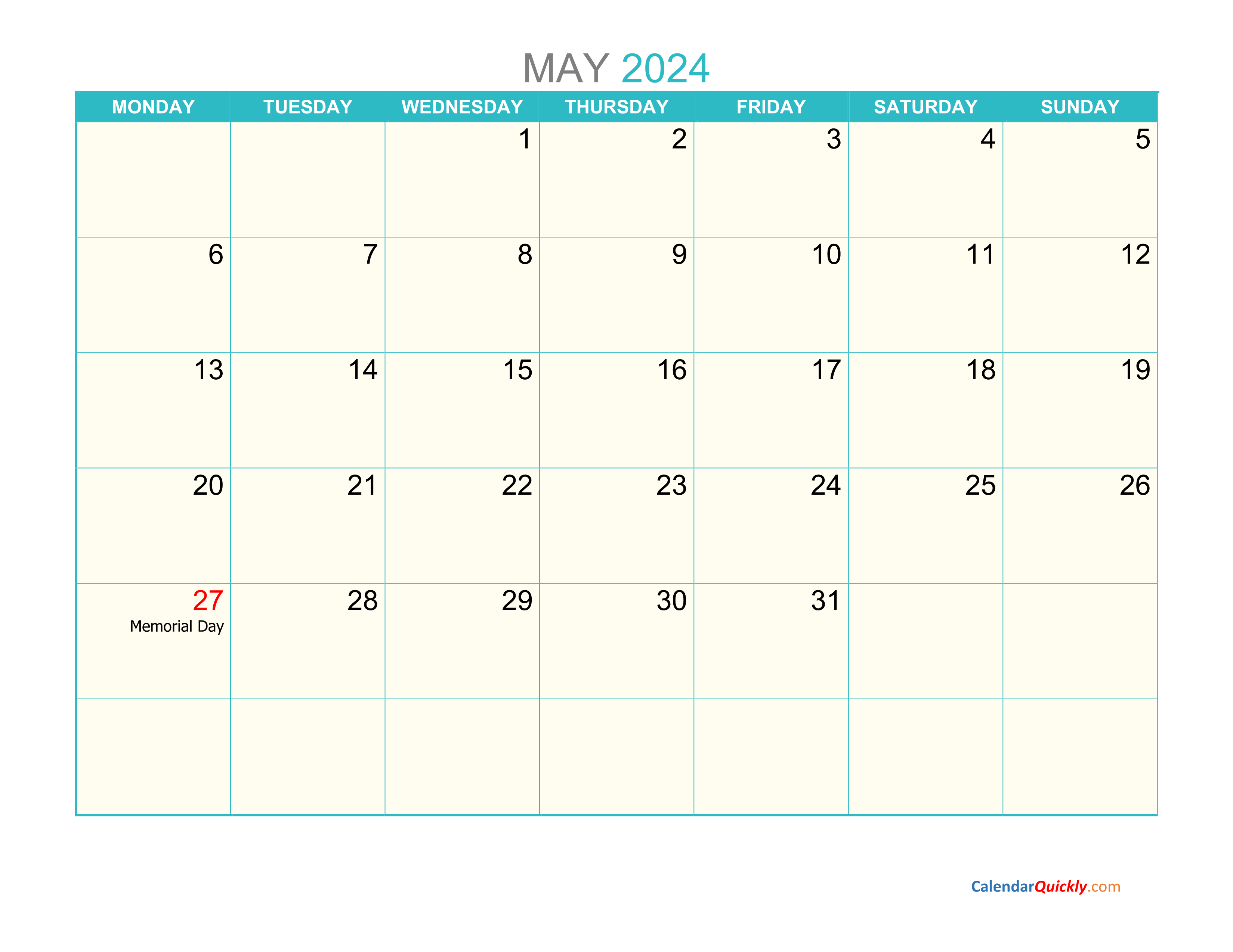 May Monday 2024 Calendar Printable Calendar Quickly