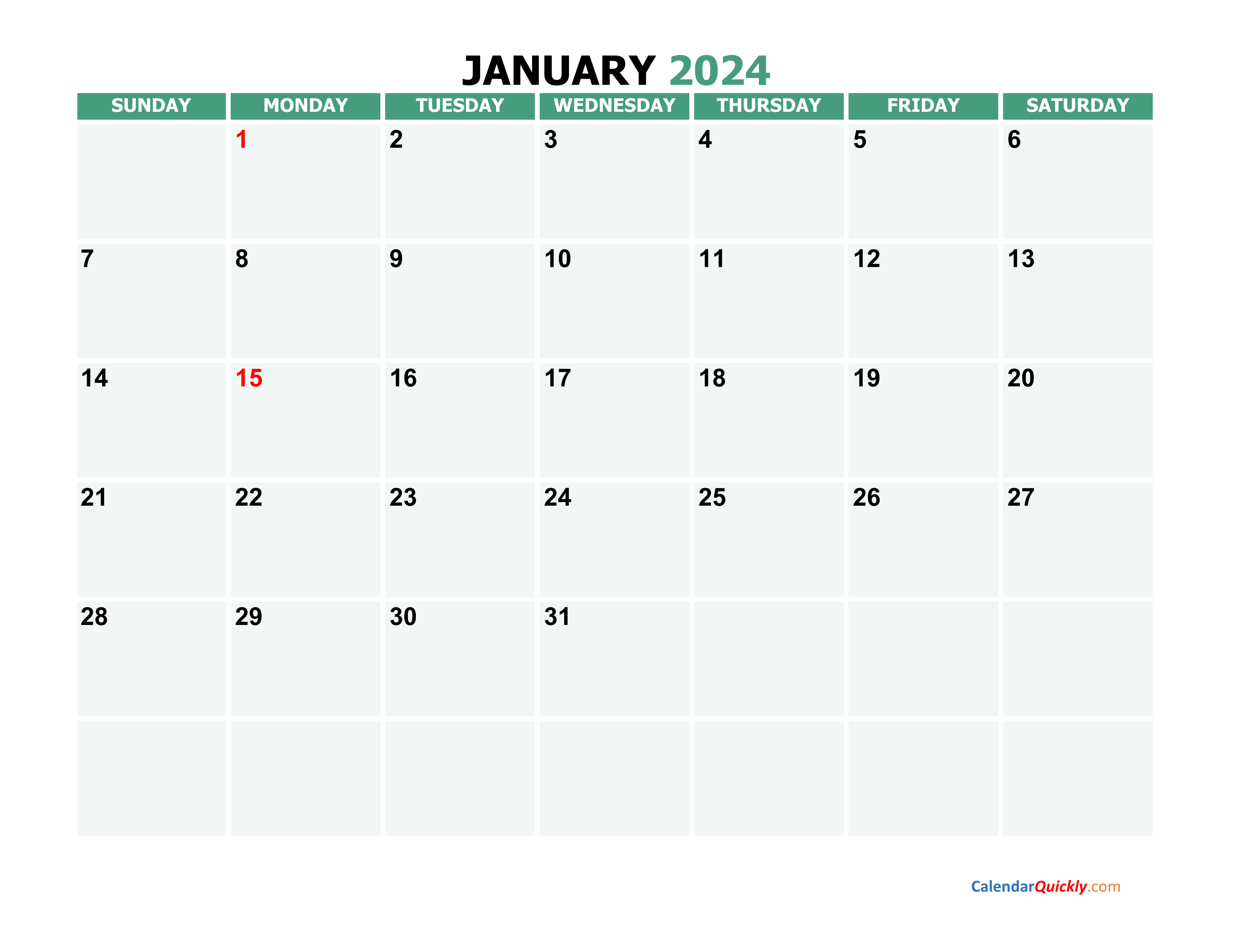 Monthly 2024 Printable Calendar | Calendar Quickly