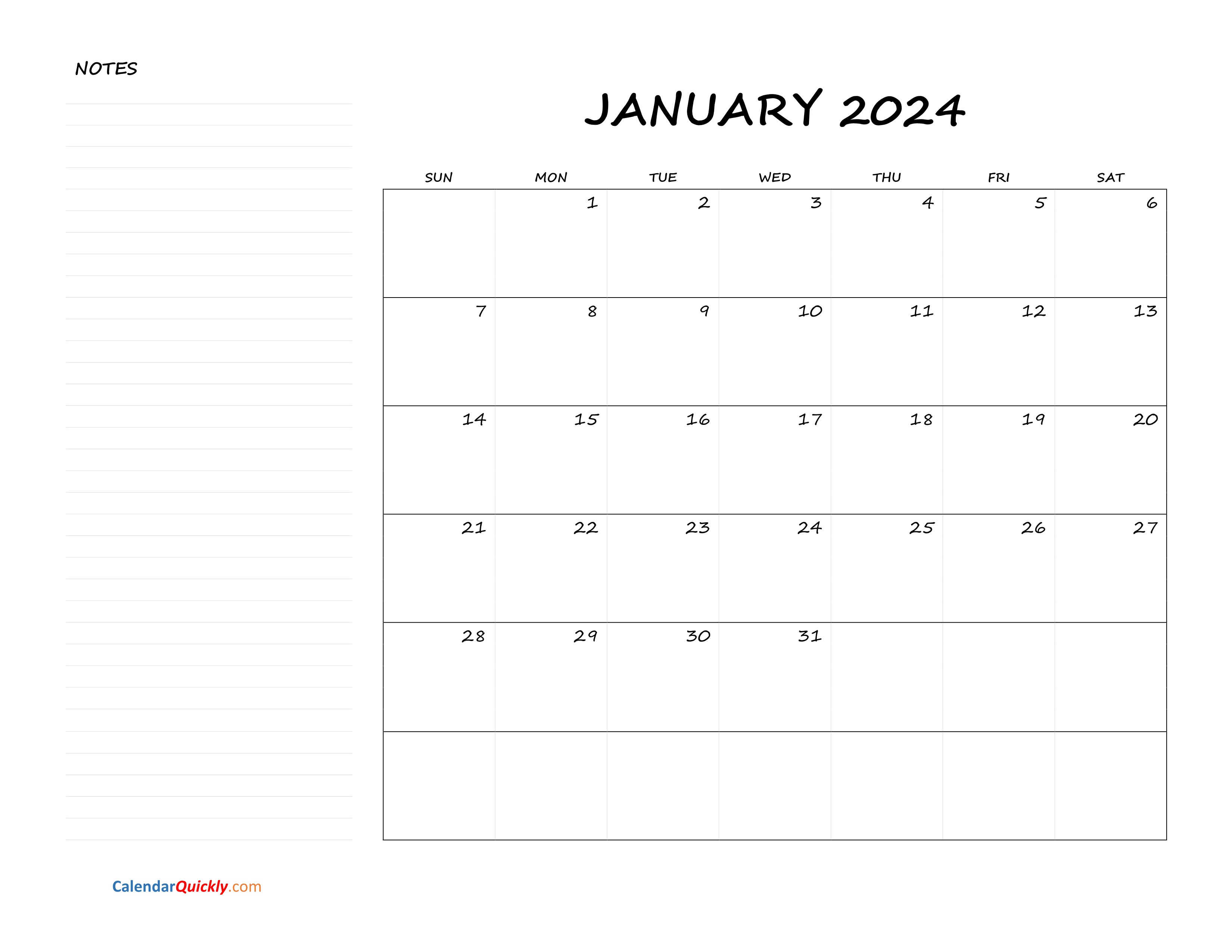 Monthly Blank Calendar 2024 with Notes Calendar Quickly