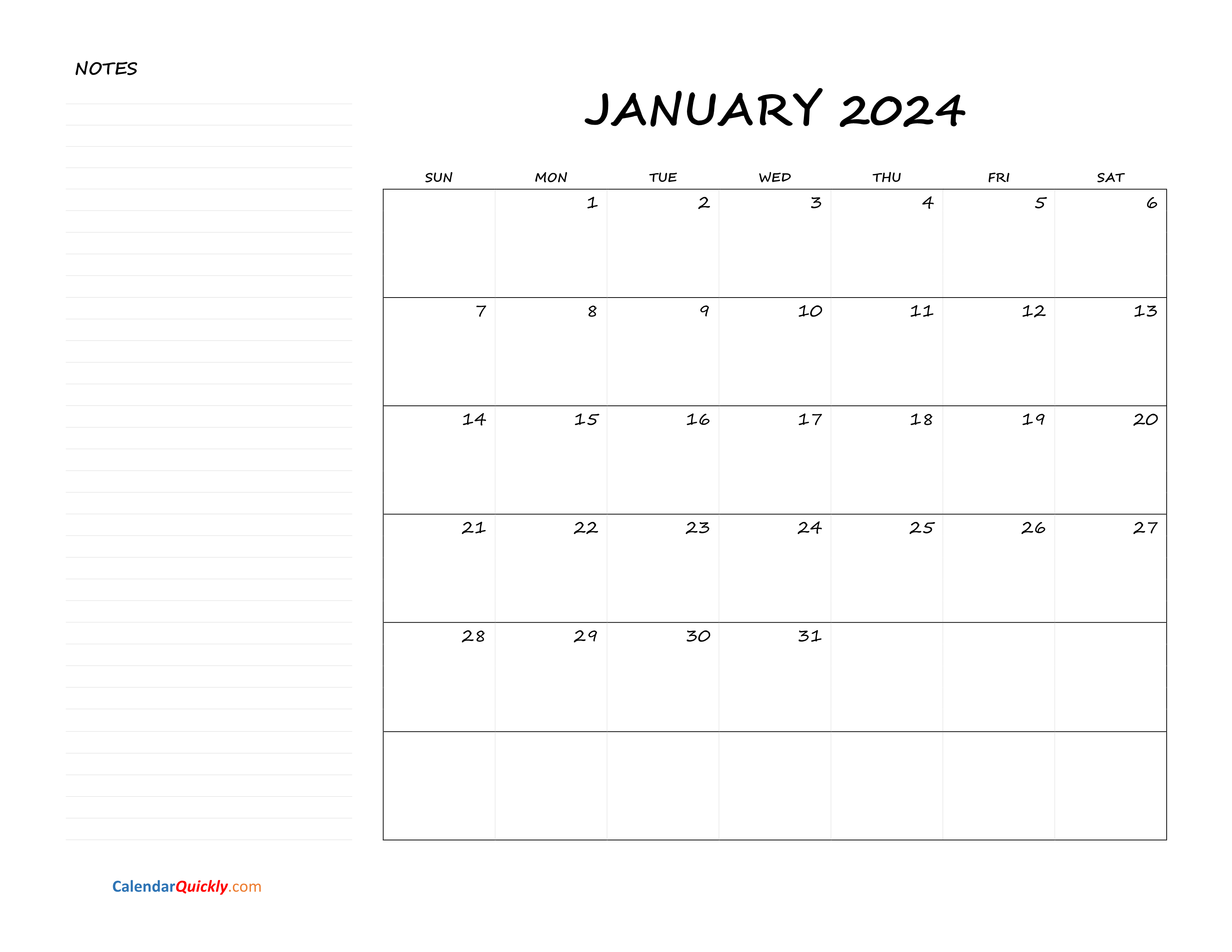 Monthly Blank Calendar 2024 With Notes 079