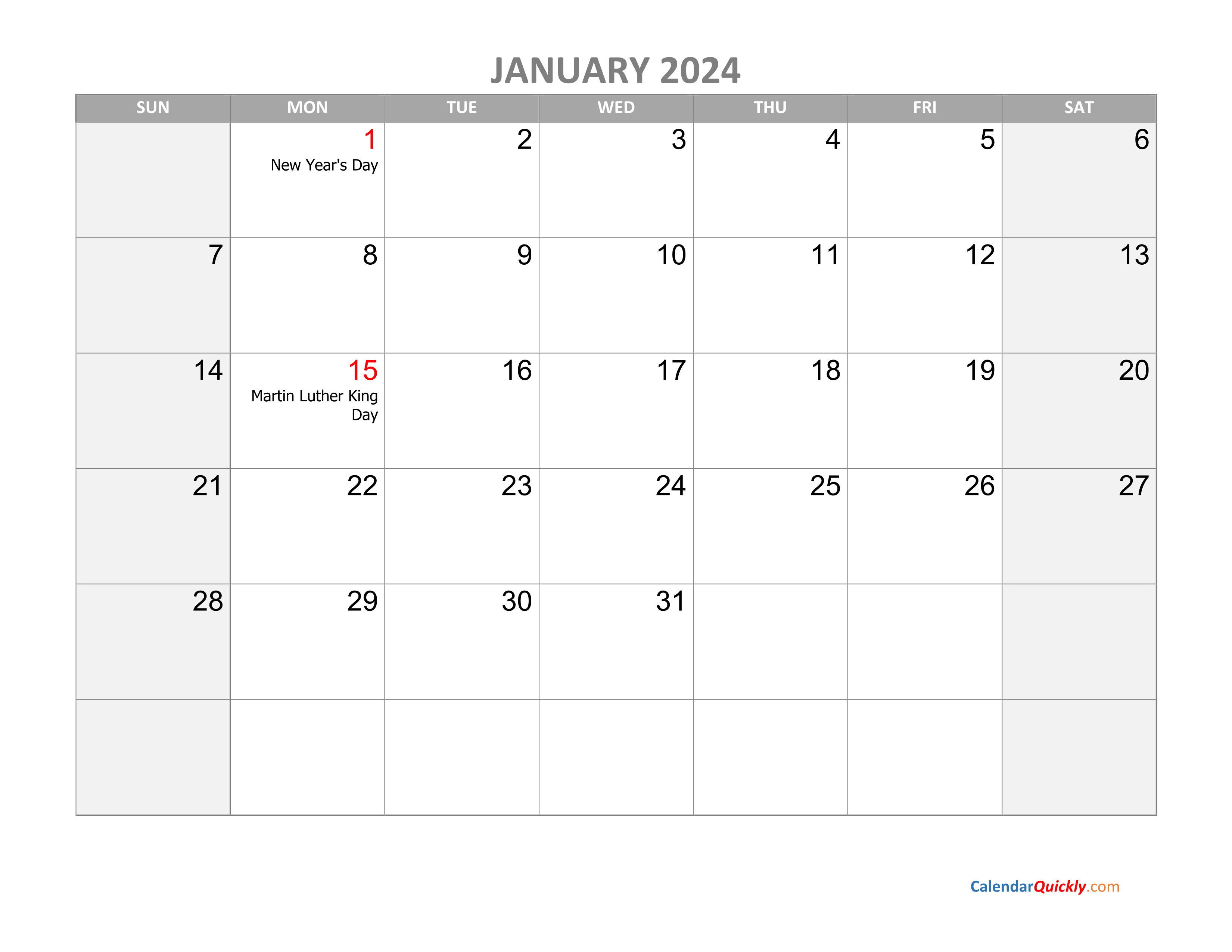 Monthly Calendar 2024 with Holidays | Calendar Quickly