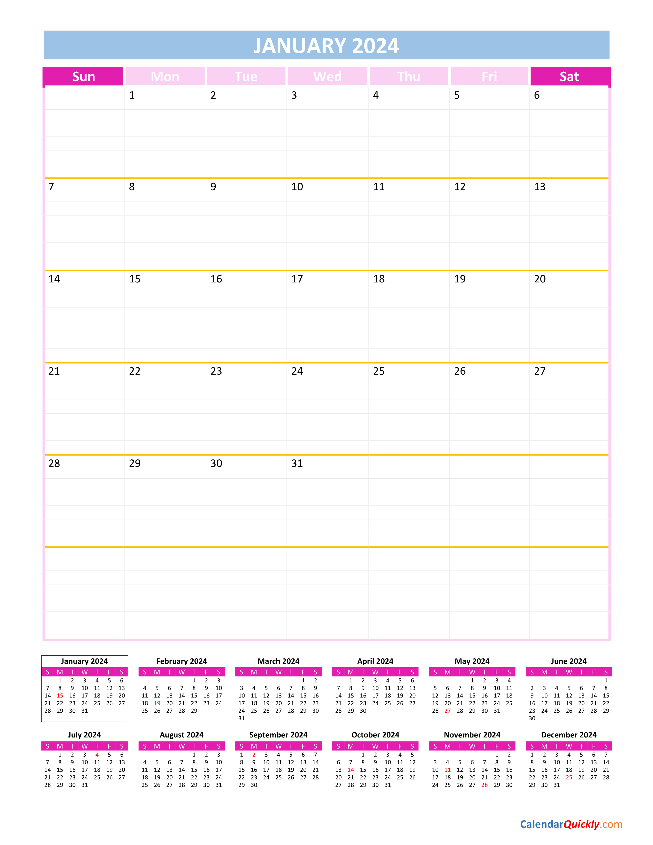 Monthly Calendar 2024 Vertical | Calendar Quickly