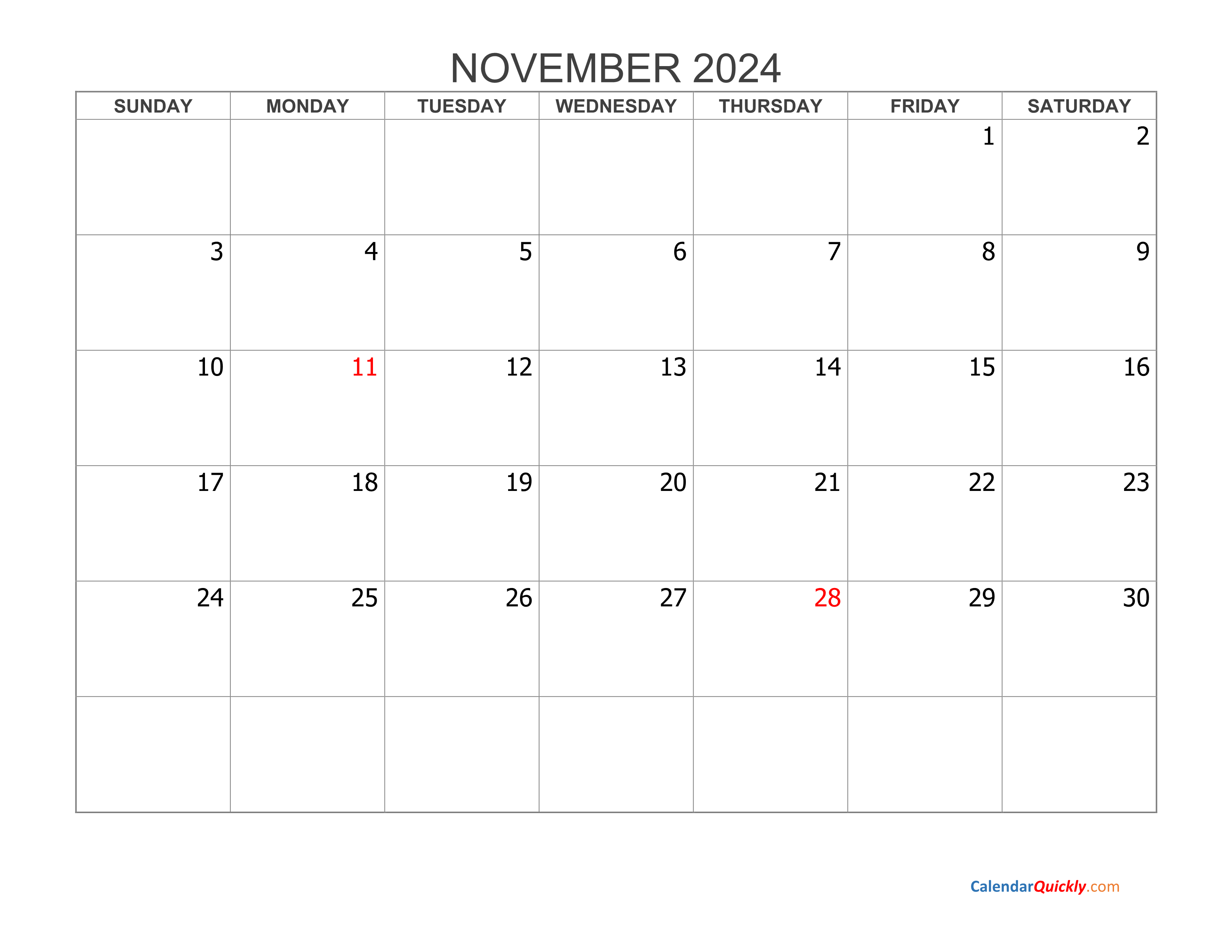 November 2024 Blank Calendar Calendar Quickly