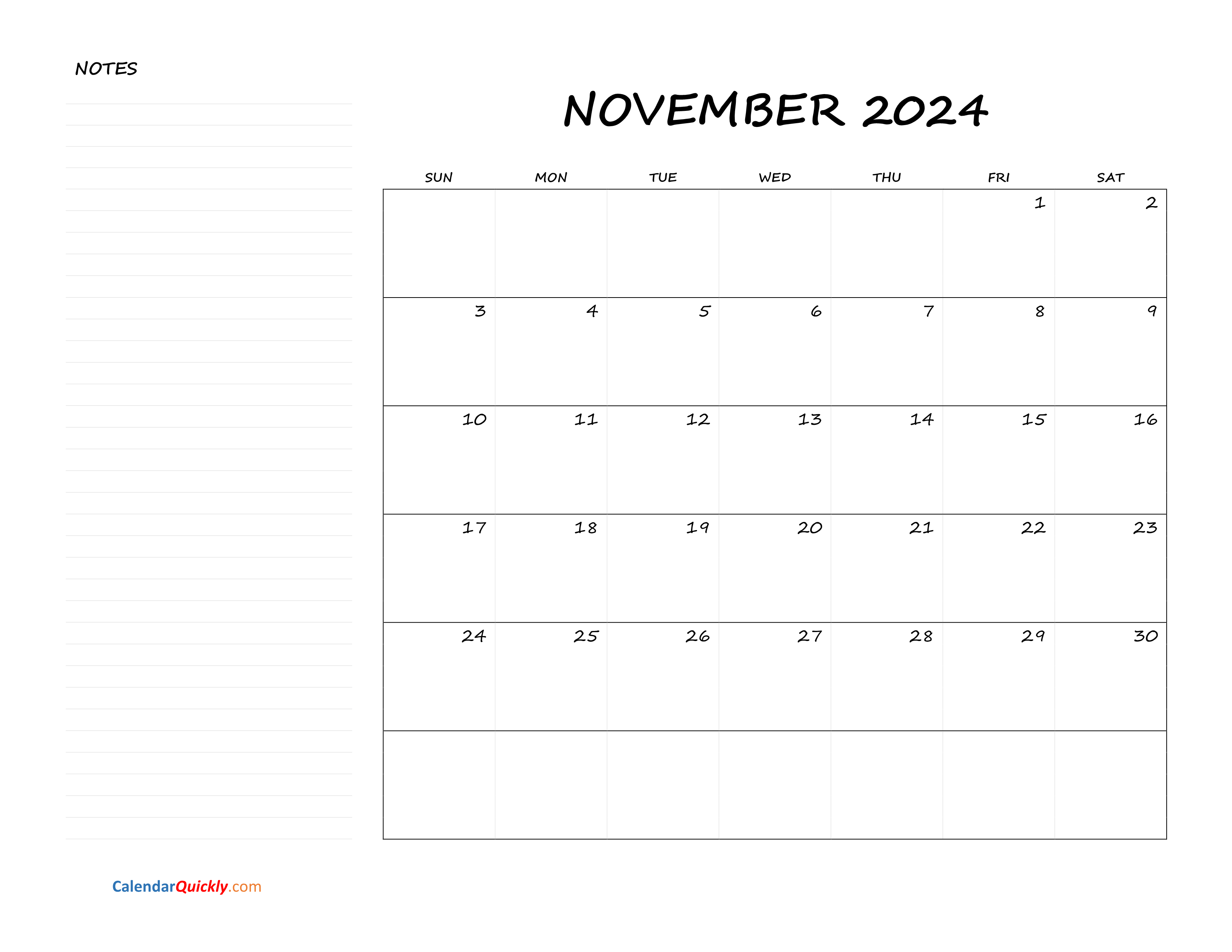 November Blank Calendar 2024 with Notes Calendar Quickly