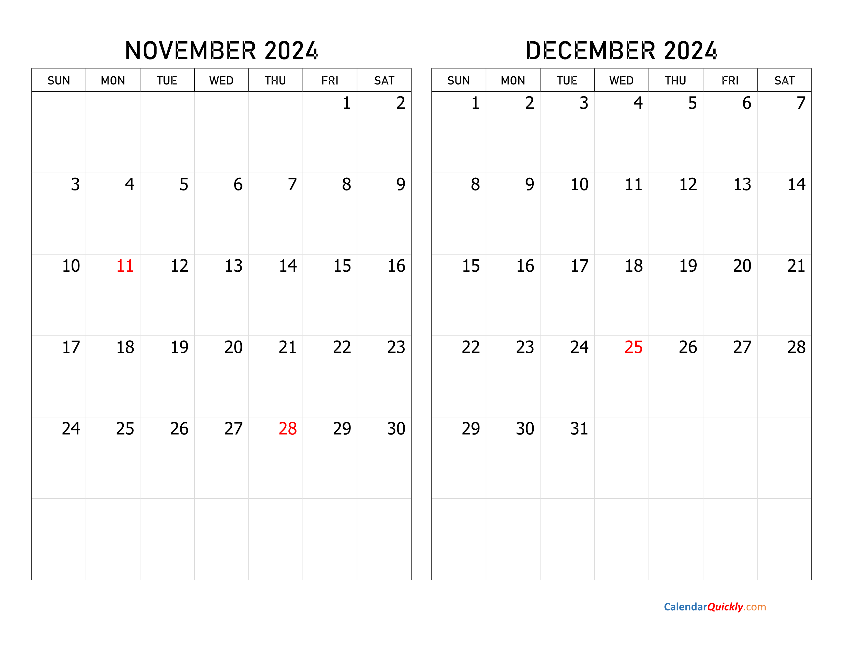 November and December 2024 Calendar Calendar Quickly