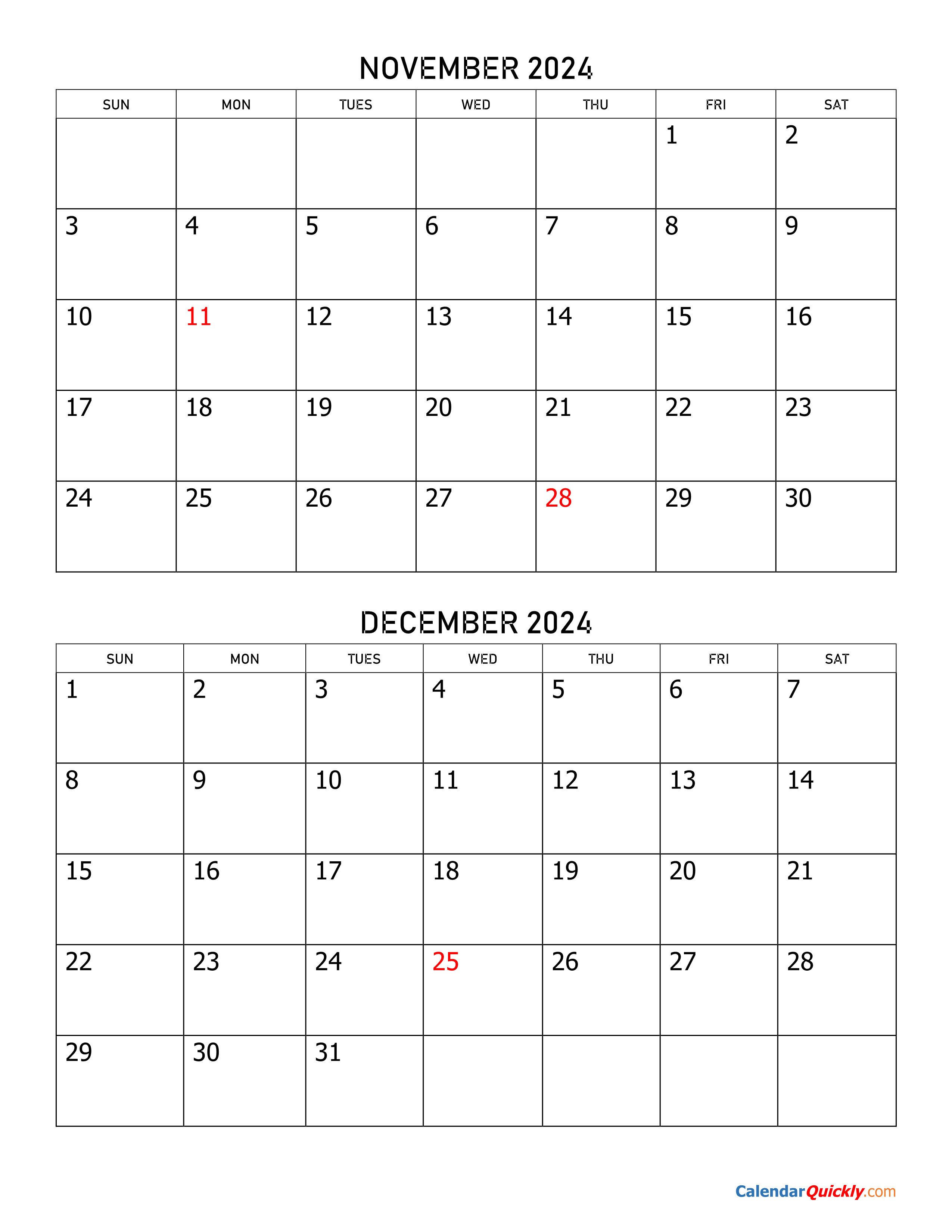 2025 Calendar November And December