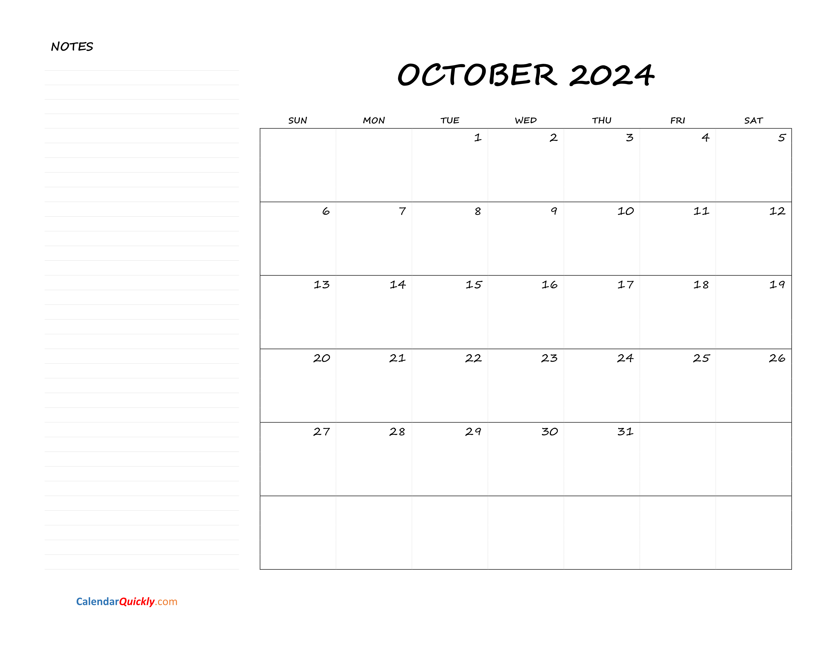 October Blank Calendar 2024 with Notes Calendar Quickly