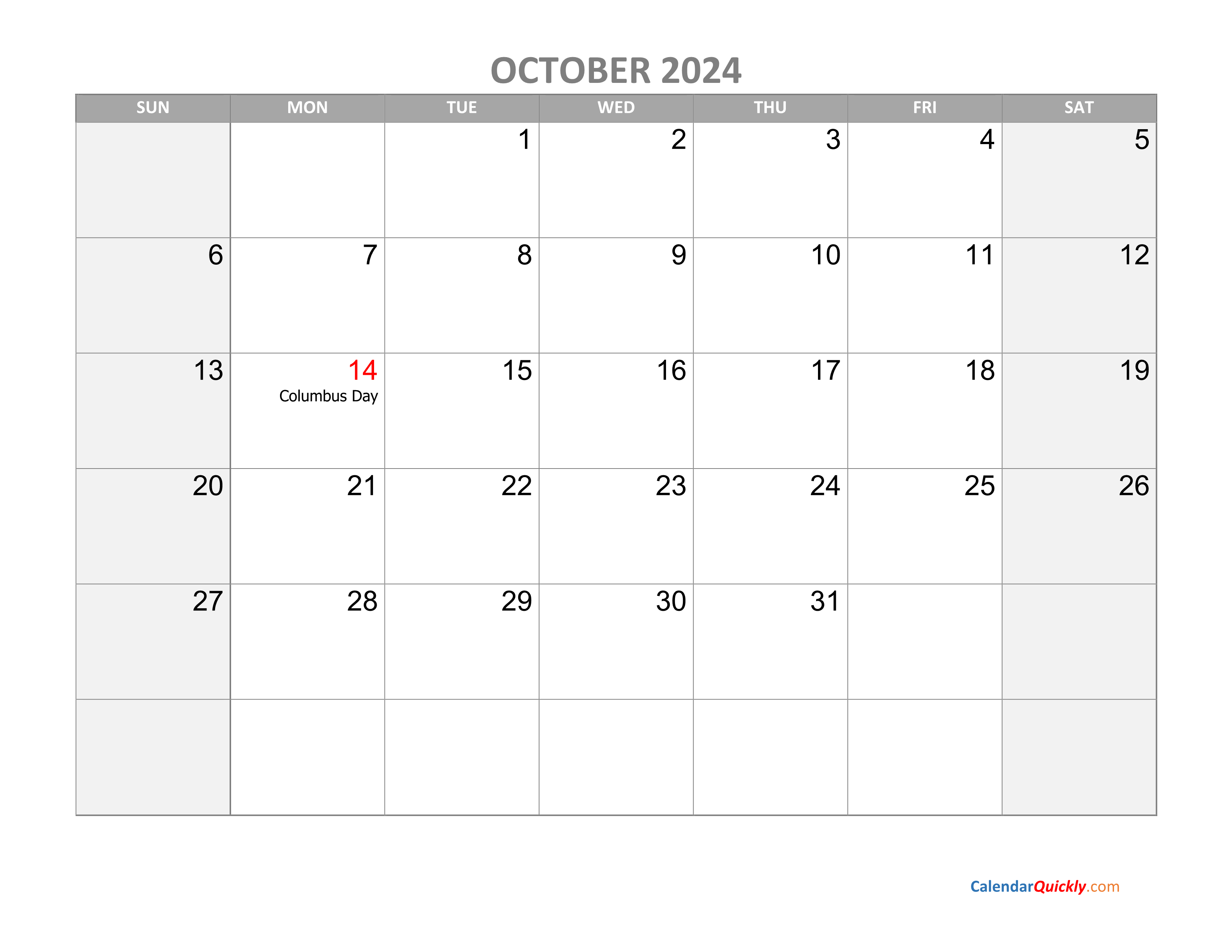 October Calendar 2024 with Holidays Calendar Quickly