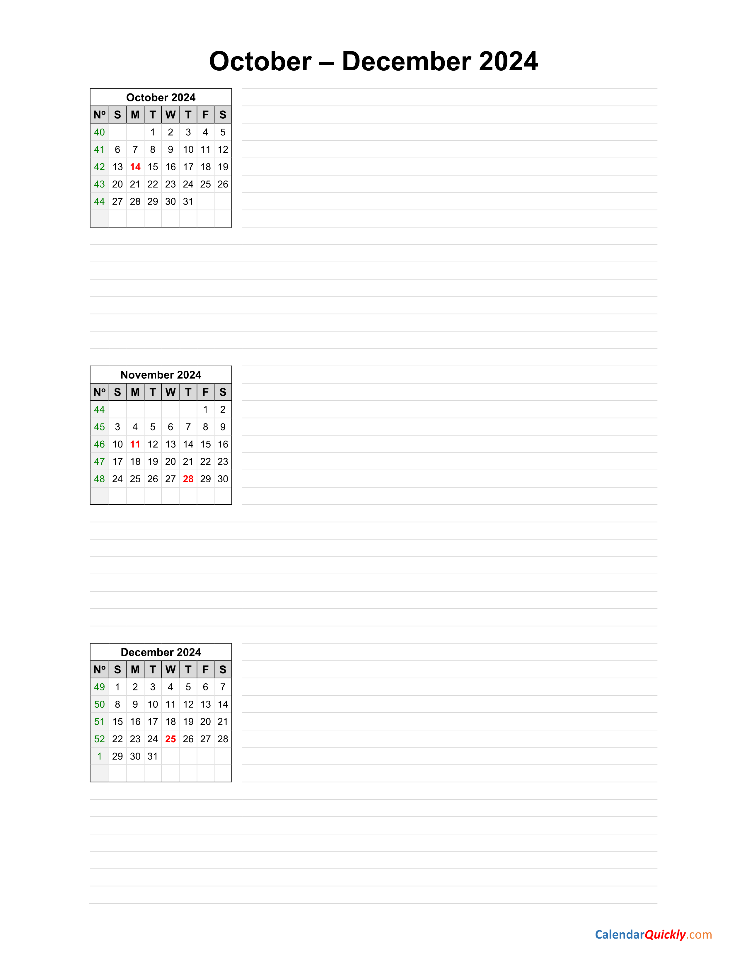 October to December 2024 Calendar Calendar Quickly