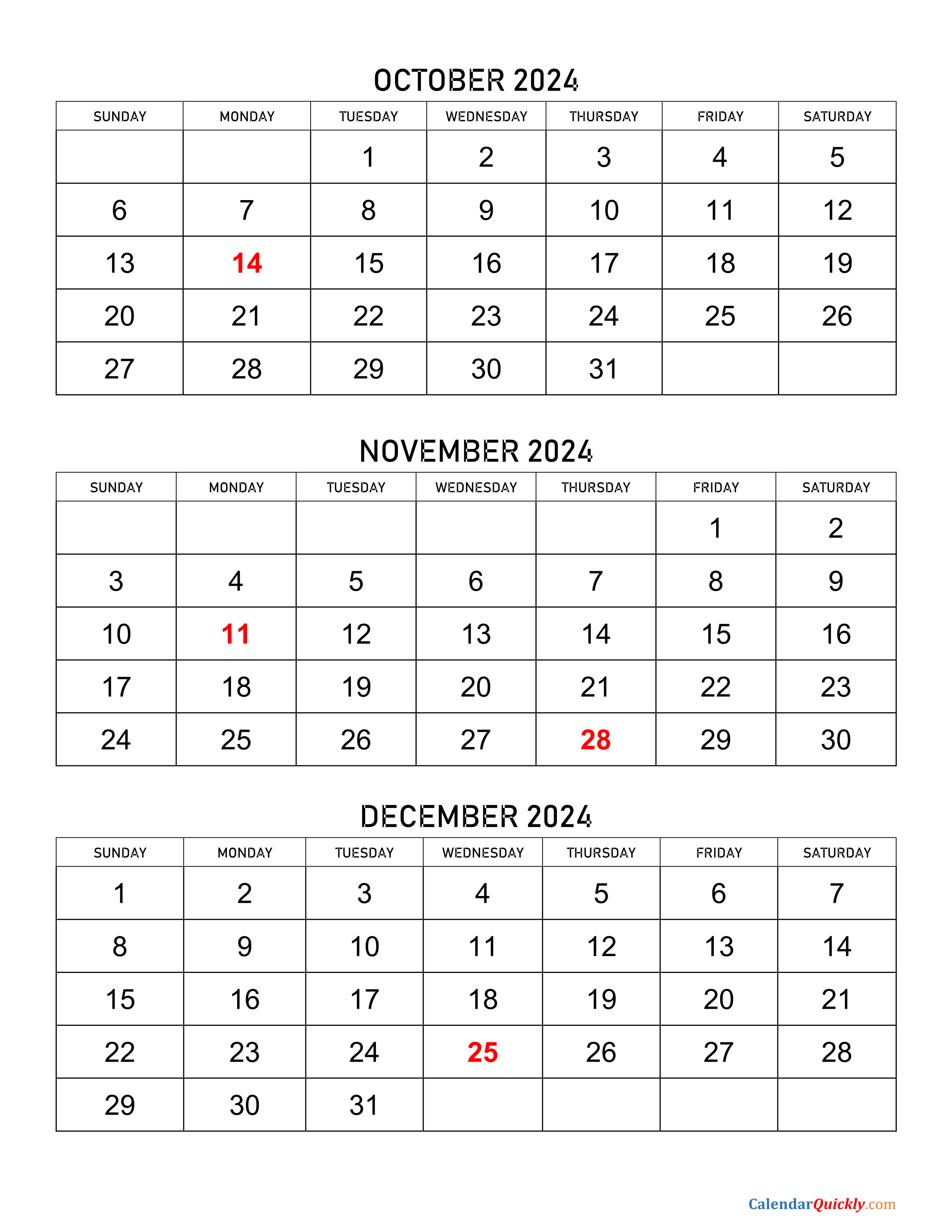 October to December 2024 Calendar Calendar Quickly