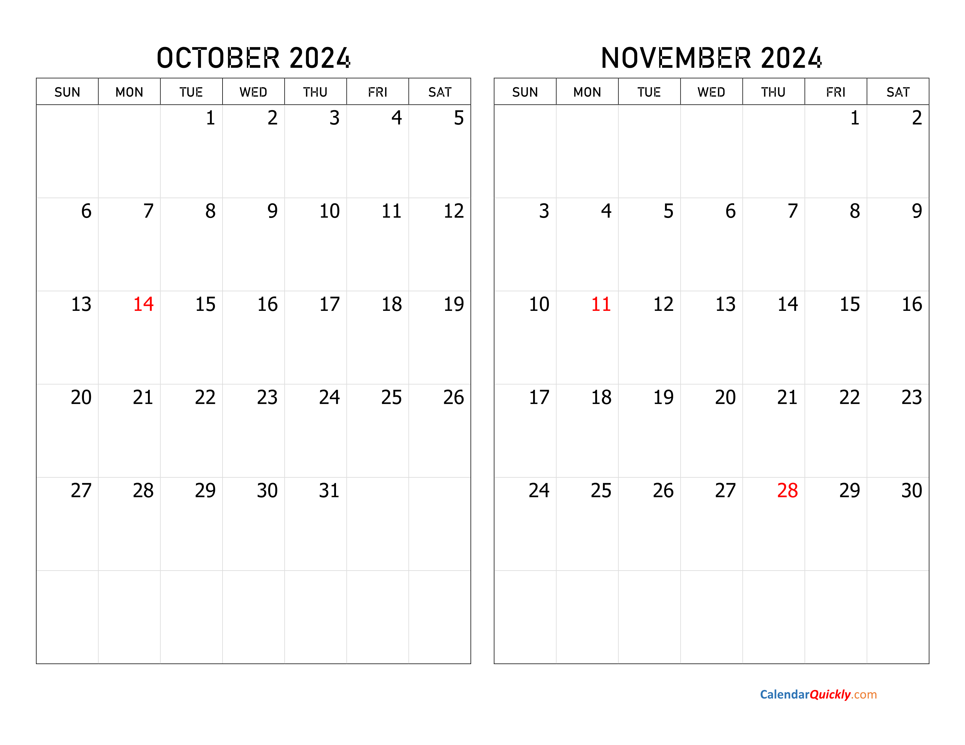 October and November 2024 Calendar | Calendar Quickly