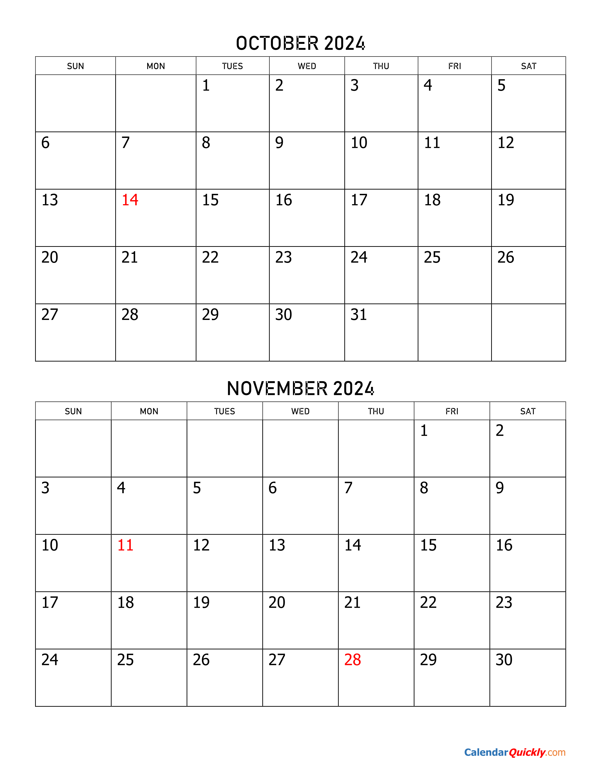 October And November 2024 Calendar Printable