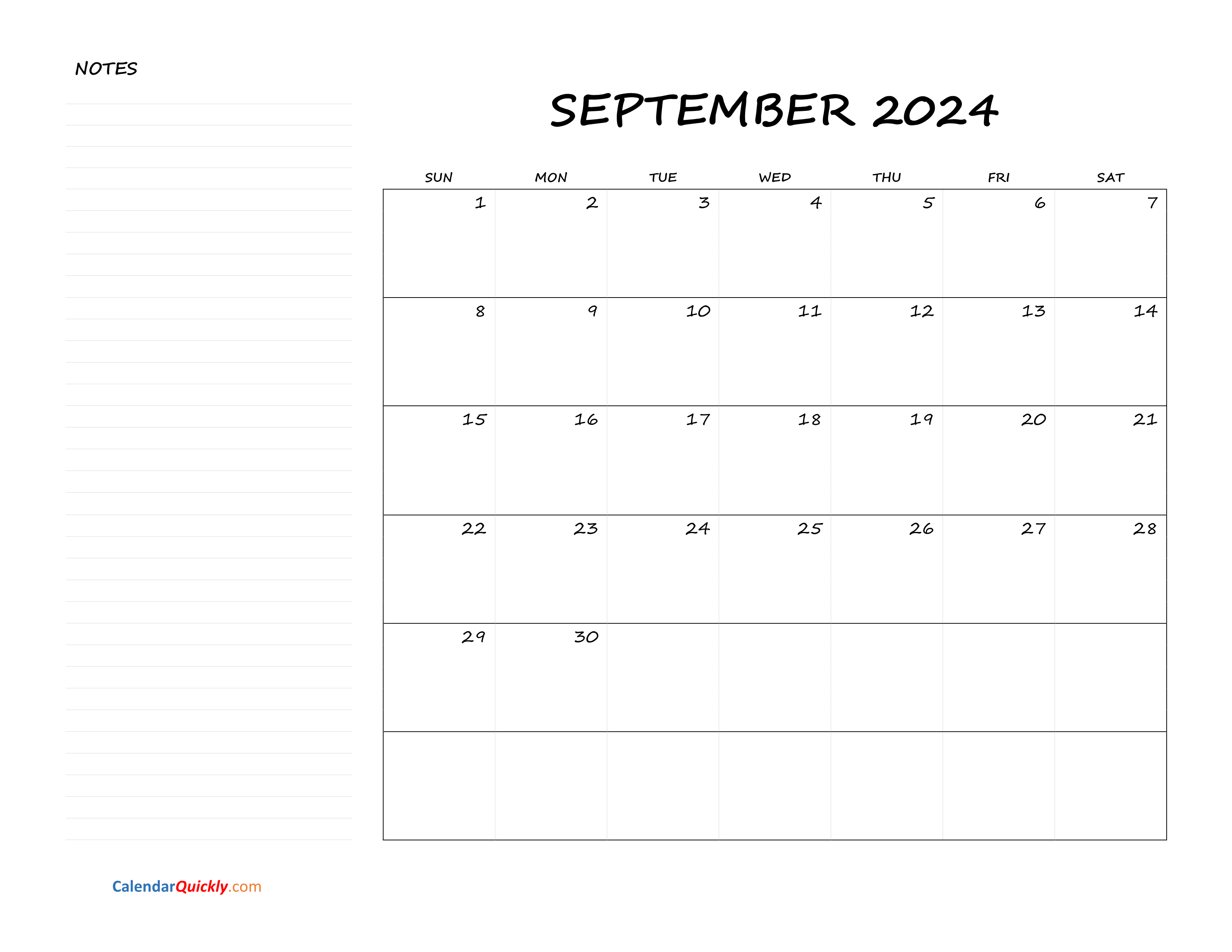September Blank Calendar 2024 with Notes Calendar Quickly