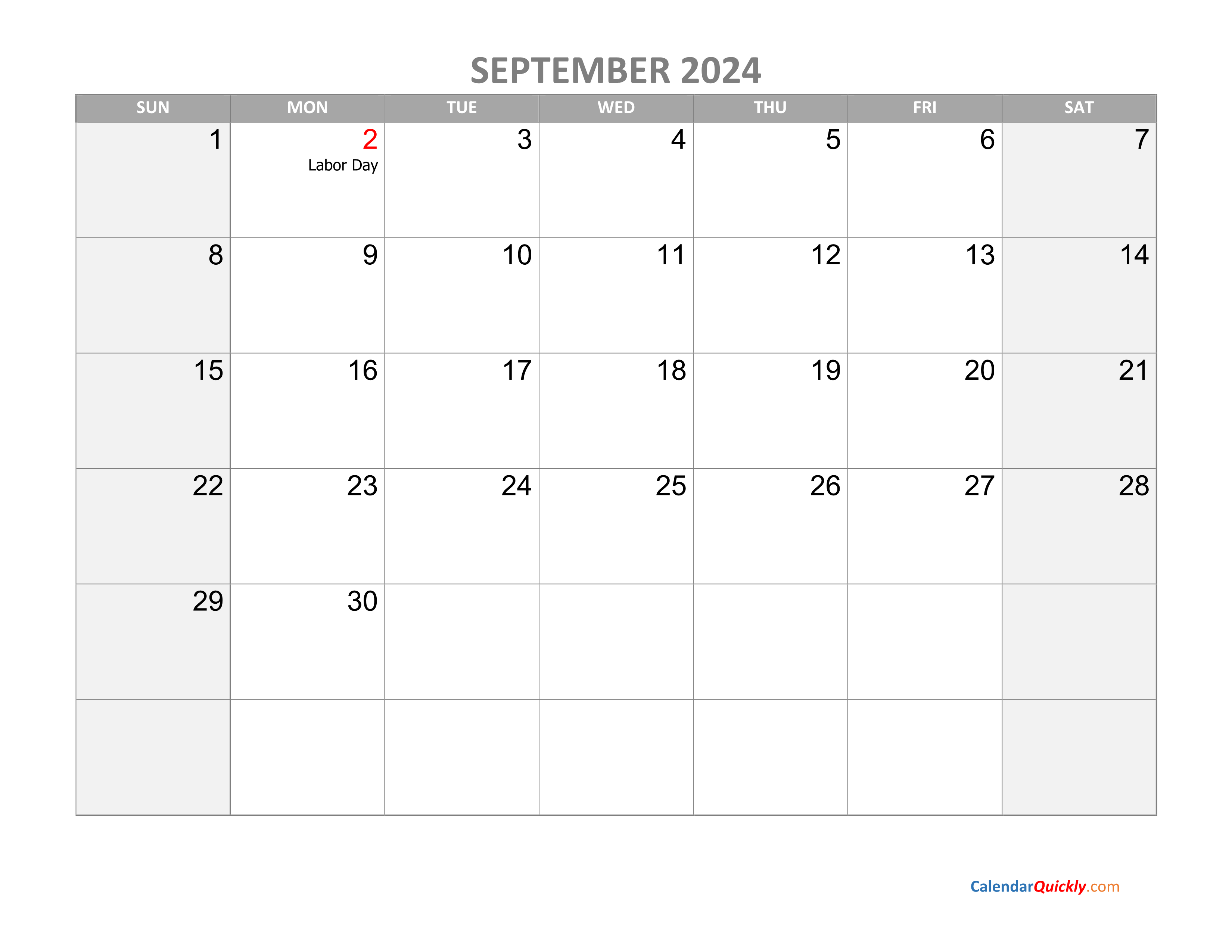 September Calendar 2024 with Holidays Calendar Quickly