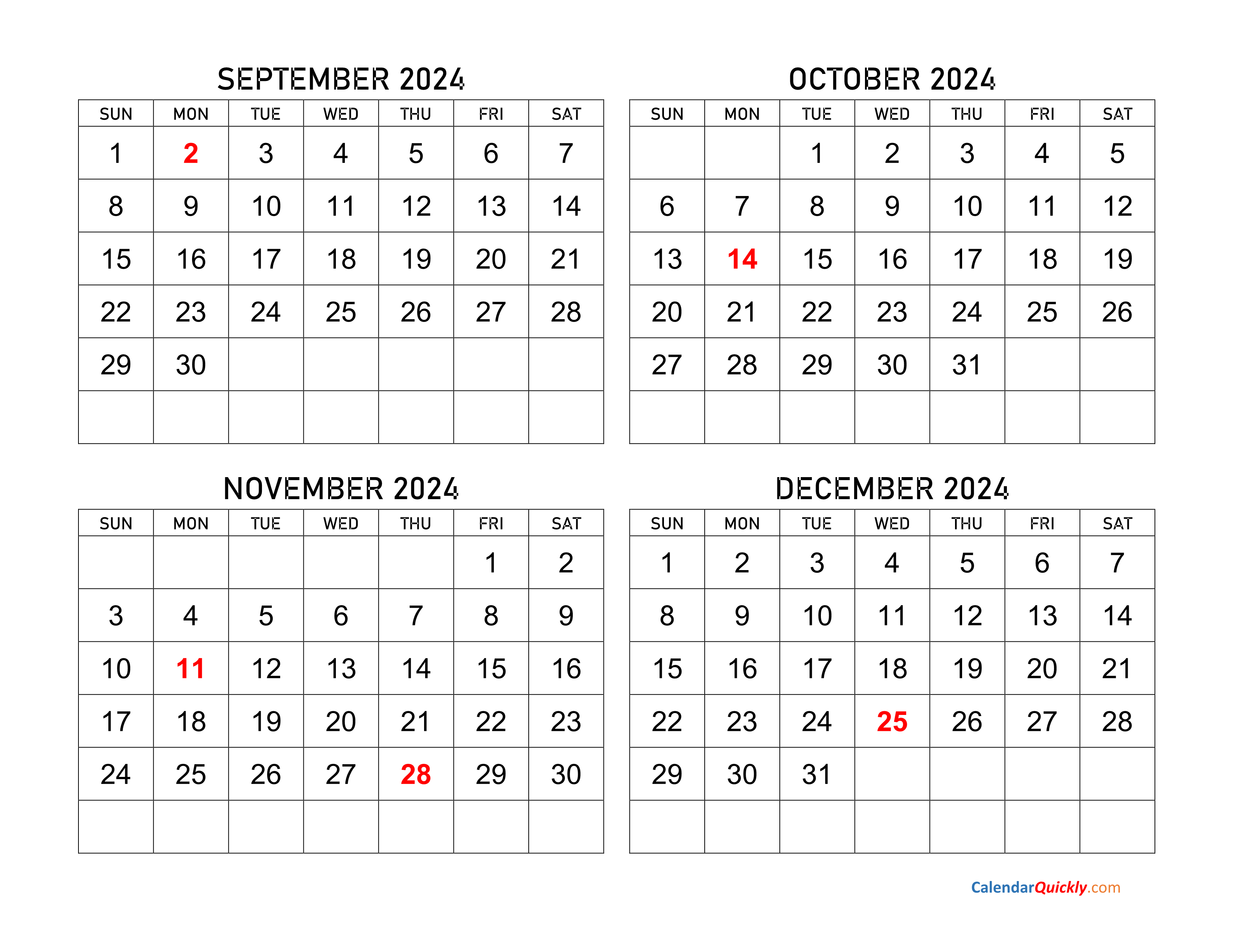 September October November December 2024 Calendar Printable Calendar 2024