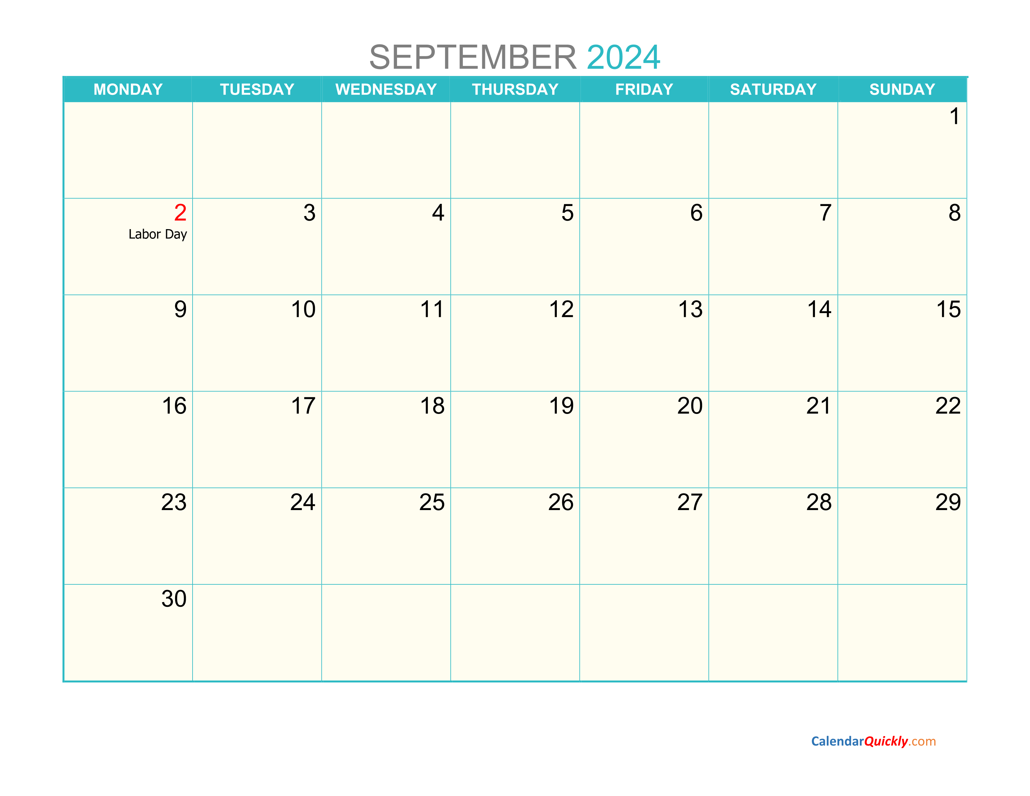 September Monday 2024 Calendar Printable | Calendar Quickly