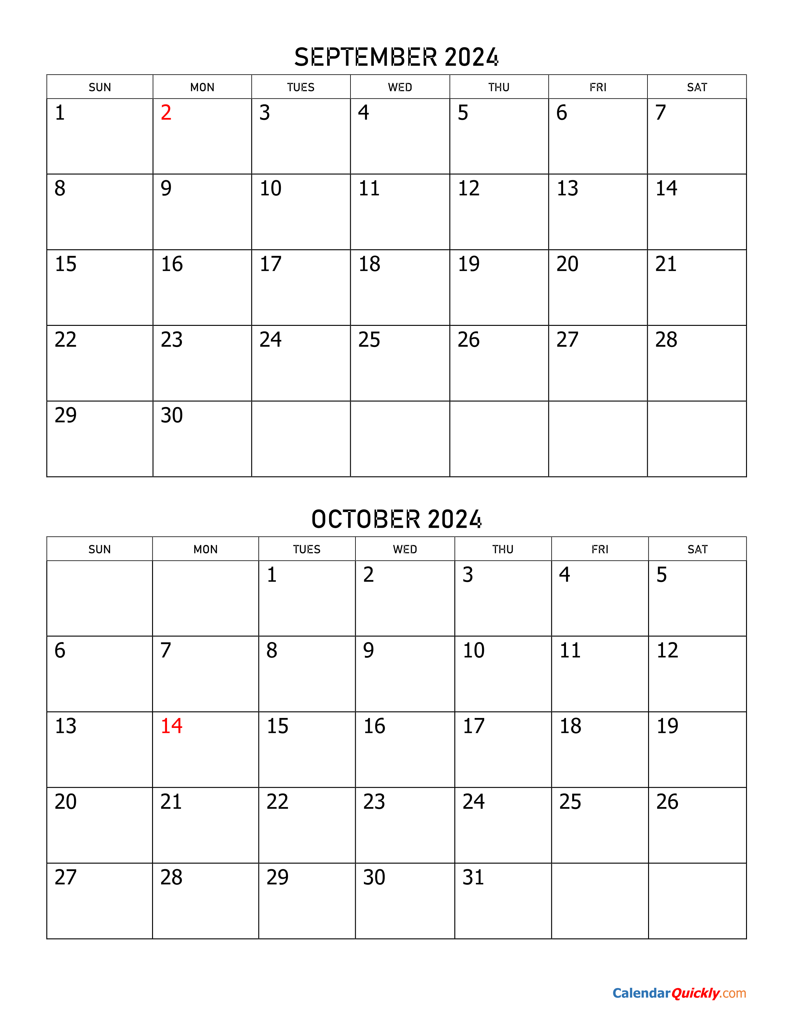September and October 2024 Calendar | Calendar Quickly