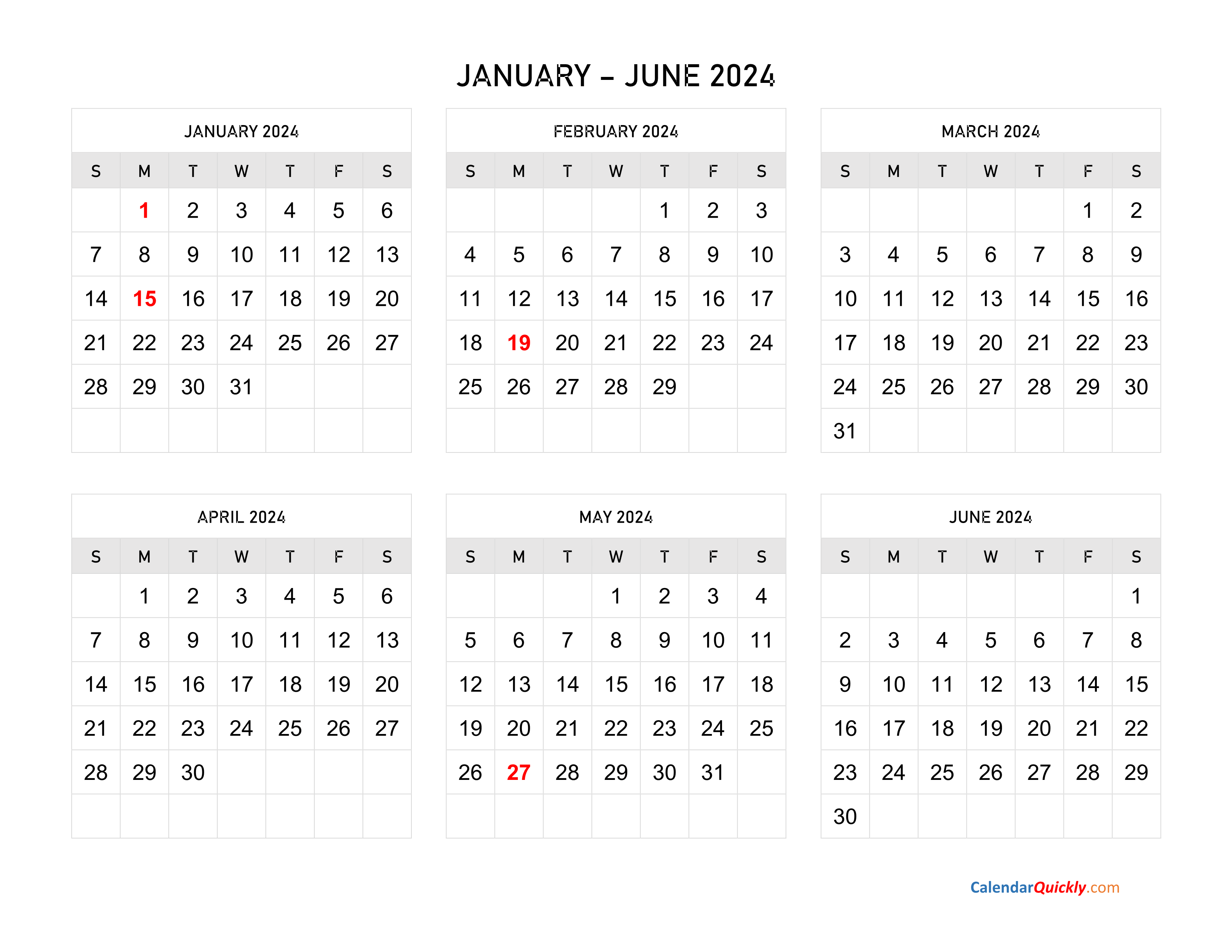 Six Months 2024 Calendar | Calendar Quickly