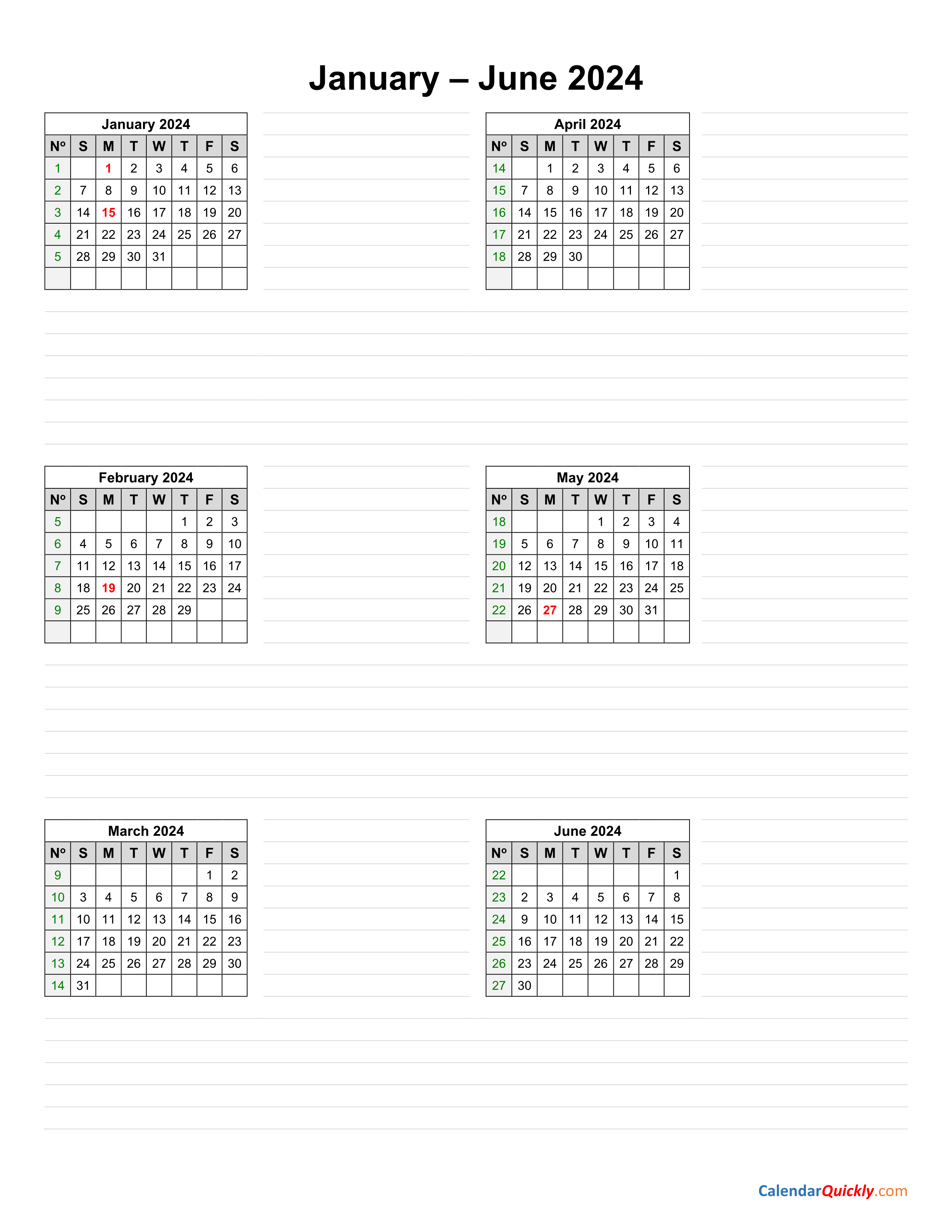 Six Months 2024 Calendar Vertical 