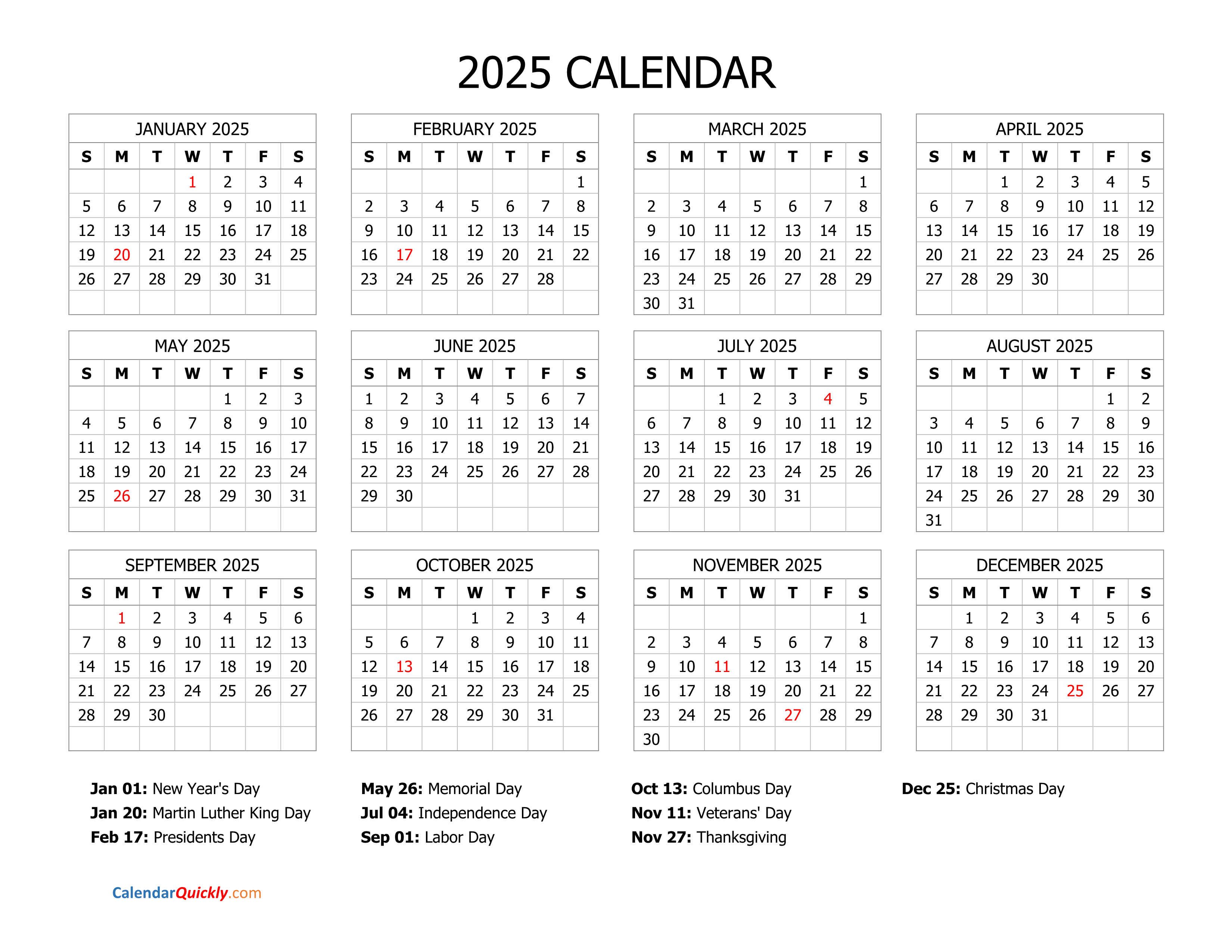 2025 Calendar With Holidays Printable