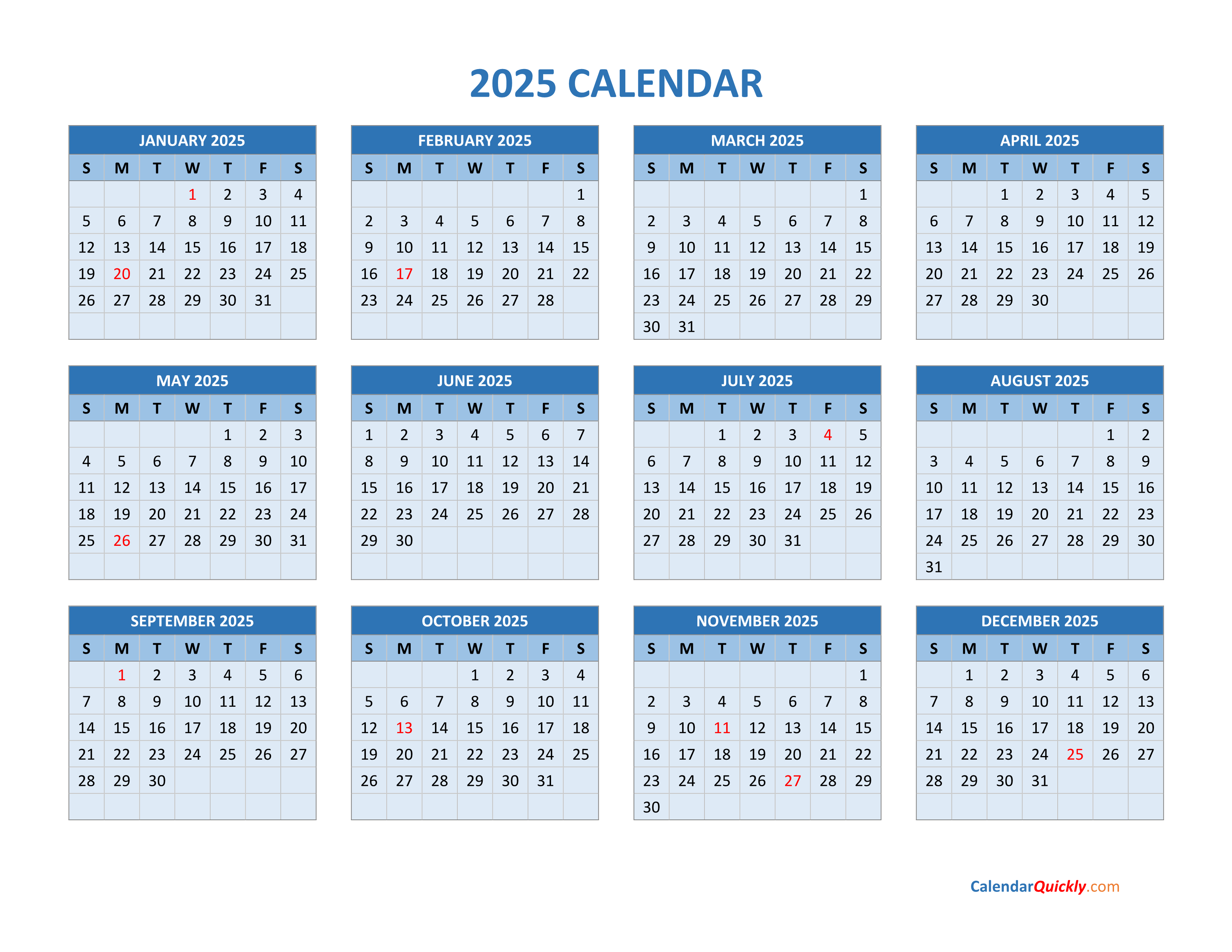 Printable Monthly Calendars 2025 Free