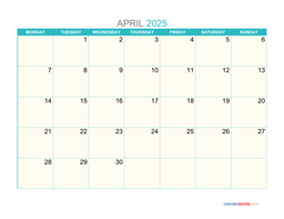 April Monday 2025 Calendar Printable