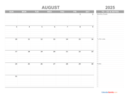 August 2025 Calendar with To-Do List