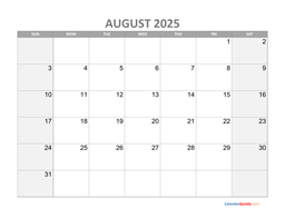 August Calendar 2025 with Holidays