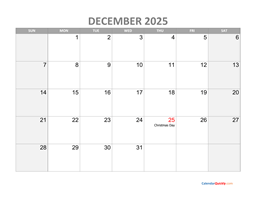 December Calendar 2025 with Holidays