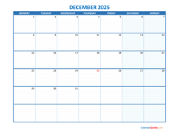 december monday 2025 blank calendar