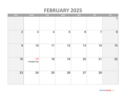 February Calendar 2025 with Holidays