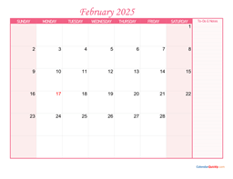 February Calendar 2025 with Notes